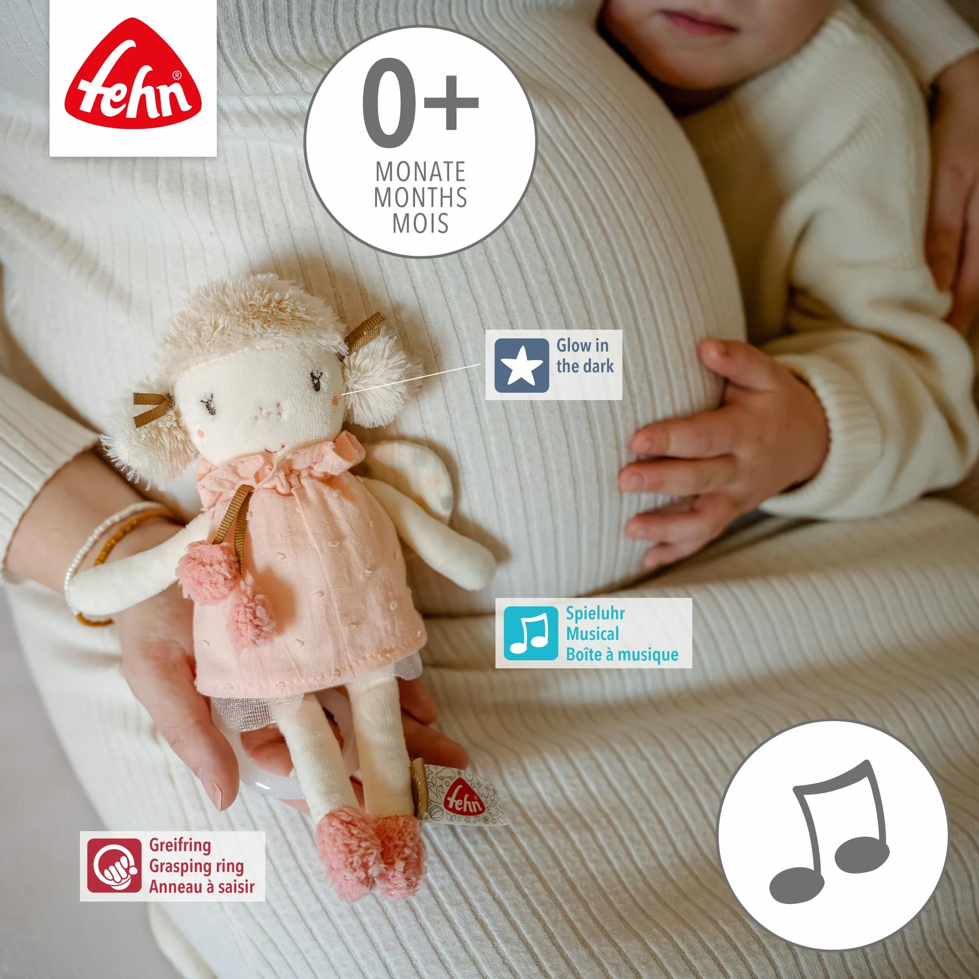 Fehn Mini-Spieluhr Fee – Kuscheltier & Einschlafhilfe: Aufzieh-Spieluhr mit sanfter Melodie „Schwanensee“ beruhigt in jeder Situation – für Babys und Kleinkinder ab 0+ Monaten