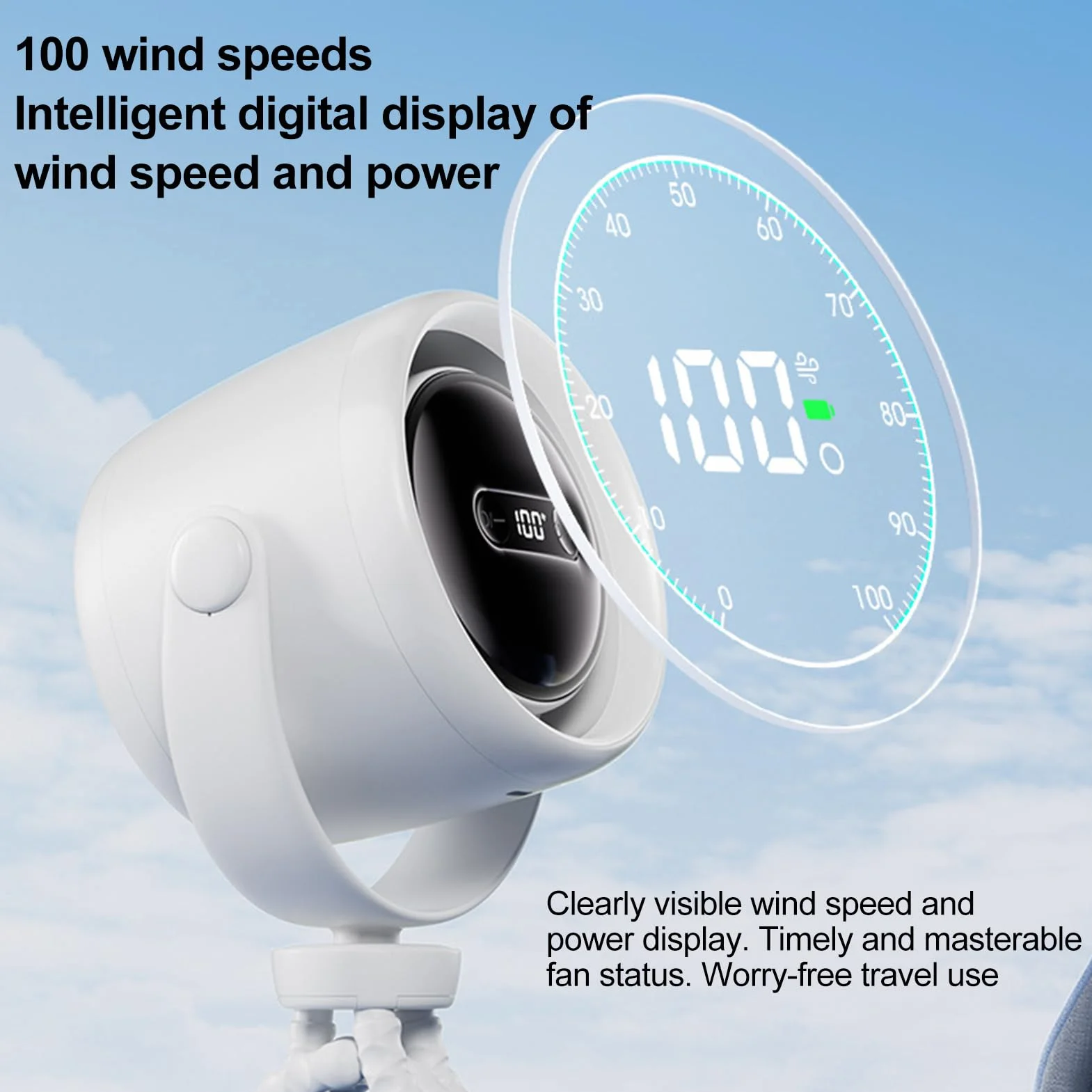Stroller Fan, Portable Fan, 100 Speed Settings Rechargeable Ventilador with Night Light for Travel, Camping, Desk, Beach, 12.8x6.57 Inches, White, Black