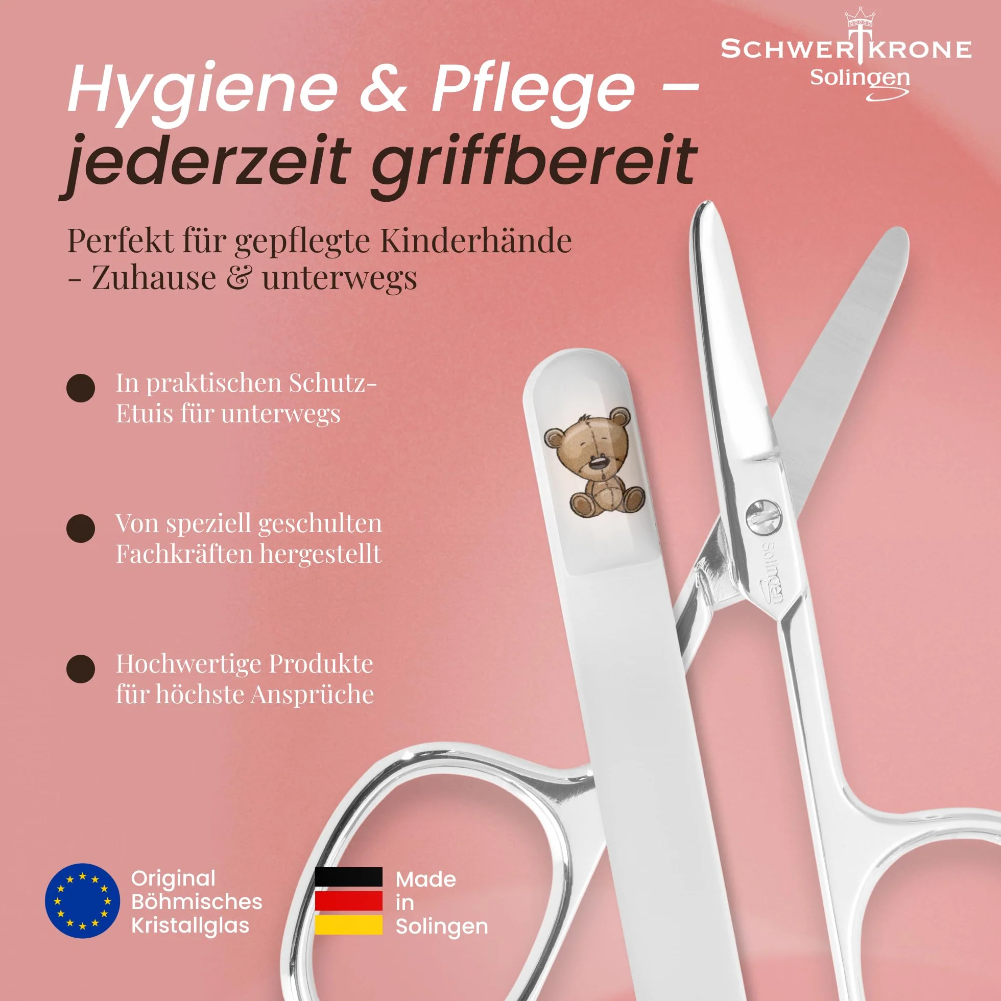 SCHWERTKRONE Solinger zestaw do paznokci dla niemowląt – nożyczki do paznokci dla niemowląt z zaokrągloną końcówką i szklanym pilnikiem do paznokci z czeskiego kryształu – bezpieczne i delikatne dla
