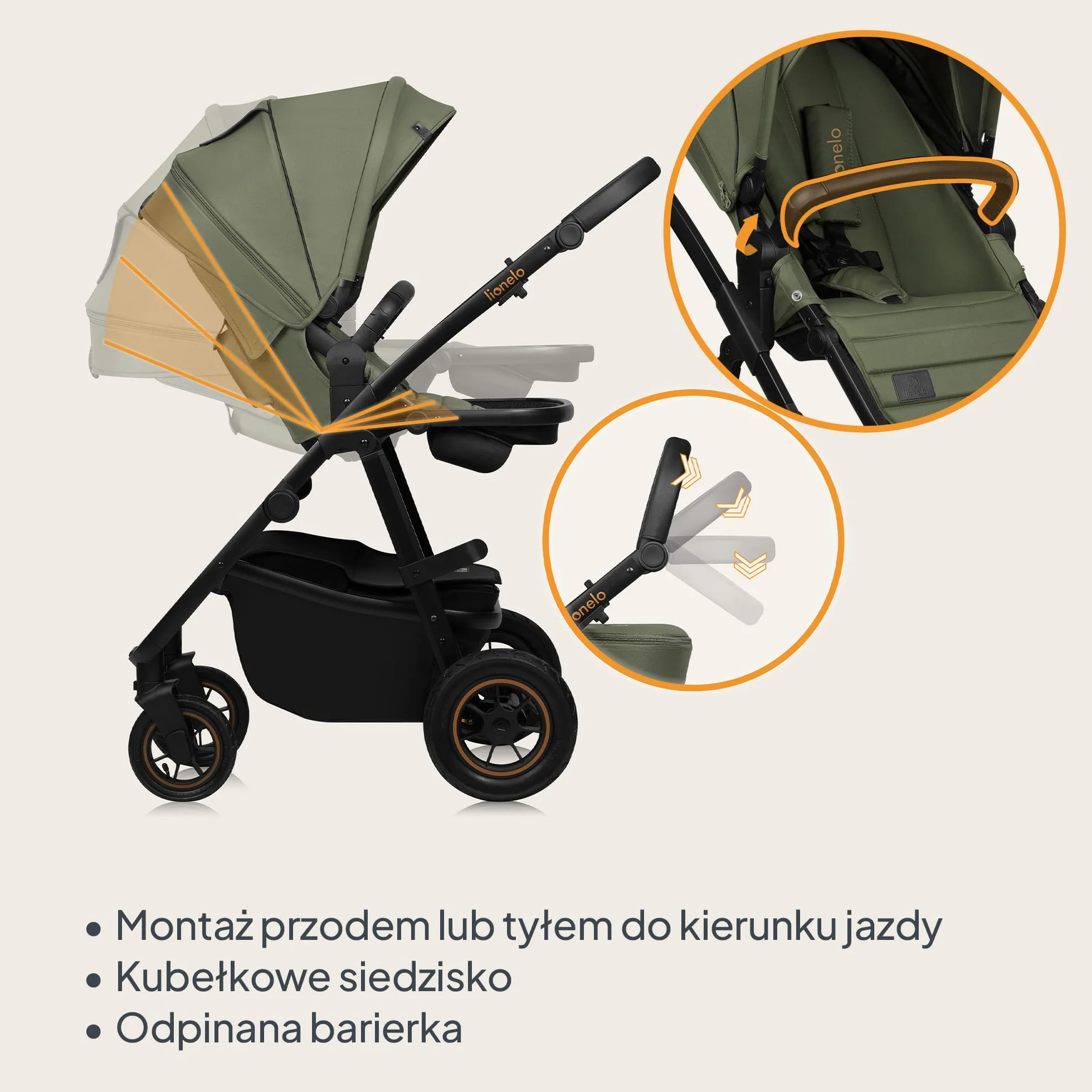 LIONELO AMBER PLUS 3 w 1 Wielofunkcyjny Wózek Dziecięcy od 0 do 4 lat do 22kg z Gondolą XL, Fotelik Samochodowy do 13 kg, Regulacja Oparcia, Duże Terenowe Koła 360o Budka XXL