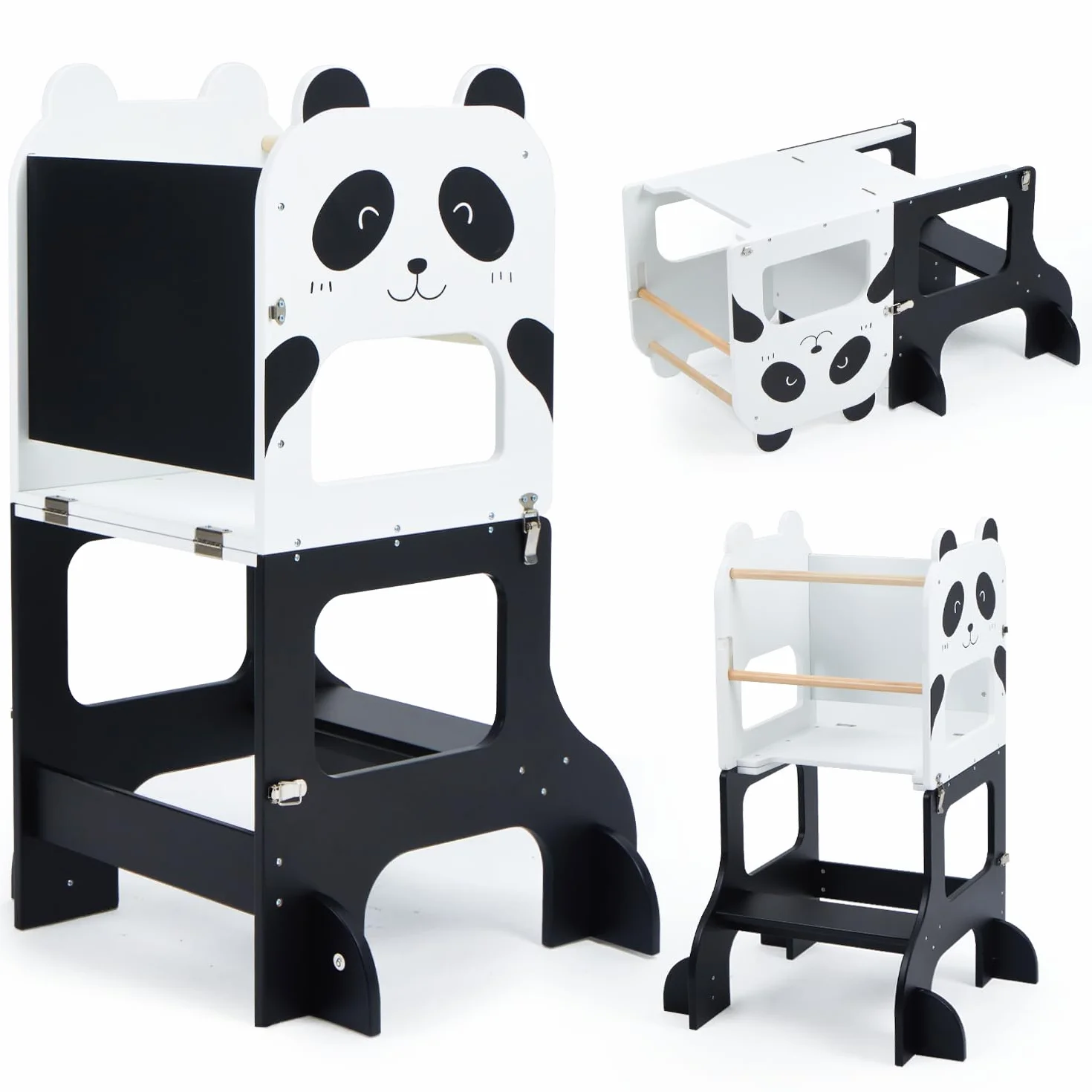 labebe Montessori Learning Tower, składana wieża edukacyjna dla dzieci, 2 w 1, z tablicami informacyjnymi, od 1 roku życia, panda