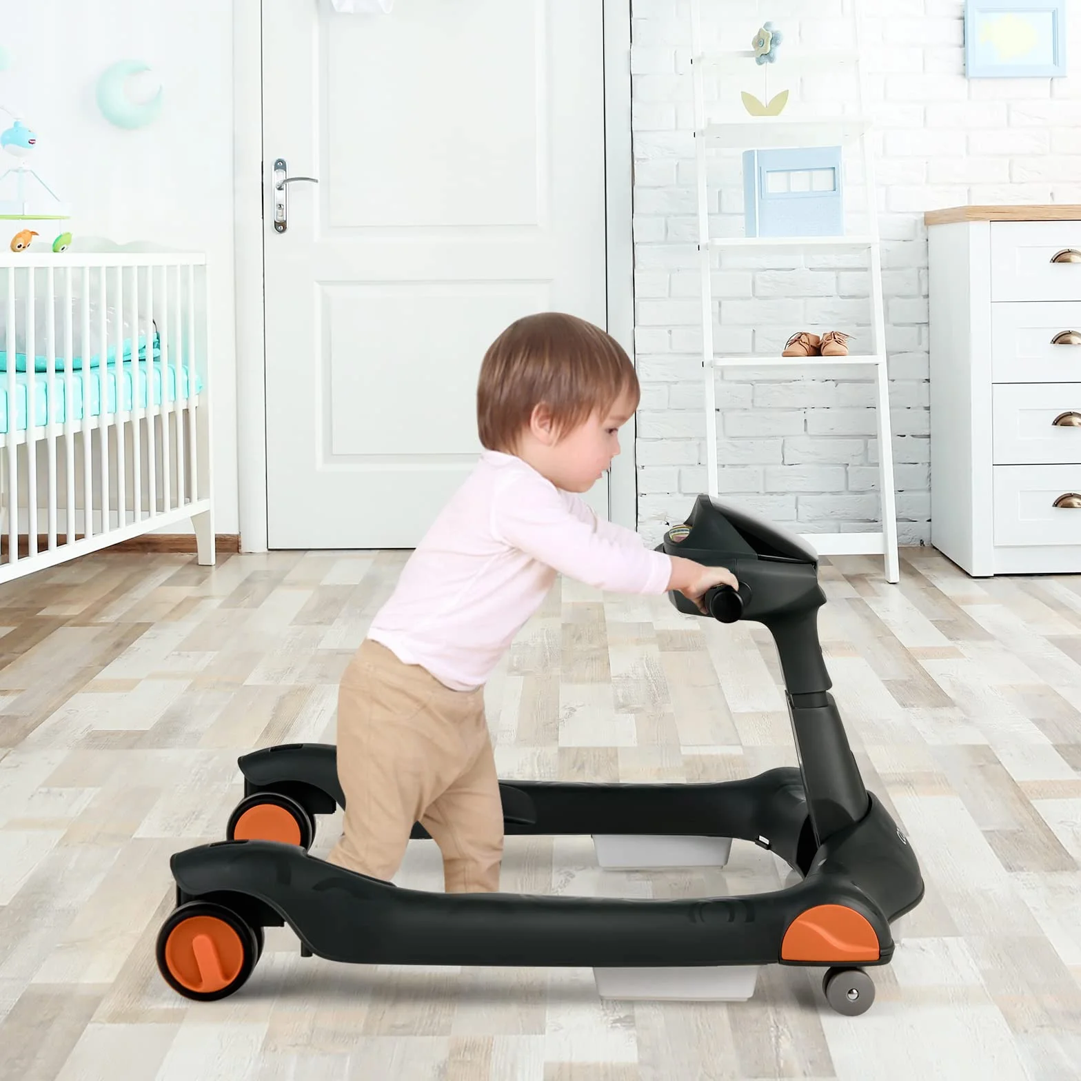 LIFEZEAL Chodzik 2 w 1, składany bieżnik z regulacją wysokości 50,5-54,5 cm, chodzik z muzyką i światłem dla dzieci w wieku 6-18 miesięcy, demontaż jednym dotknięciem (czarny)