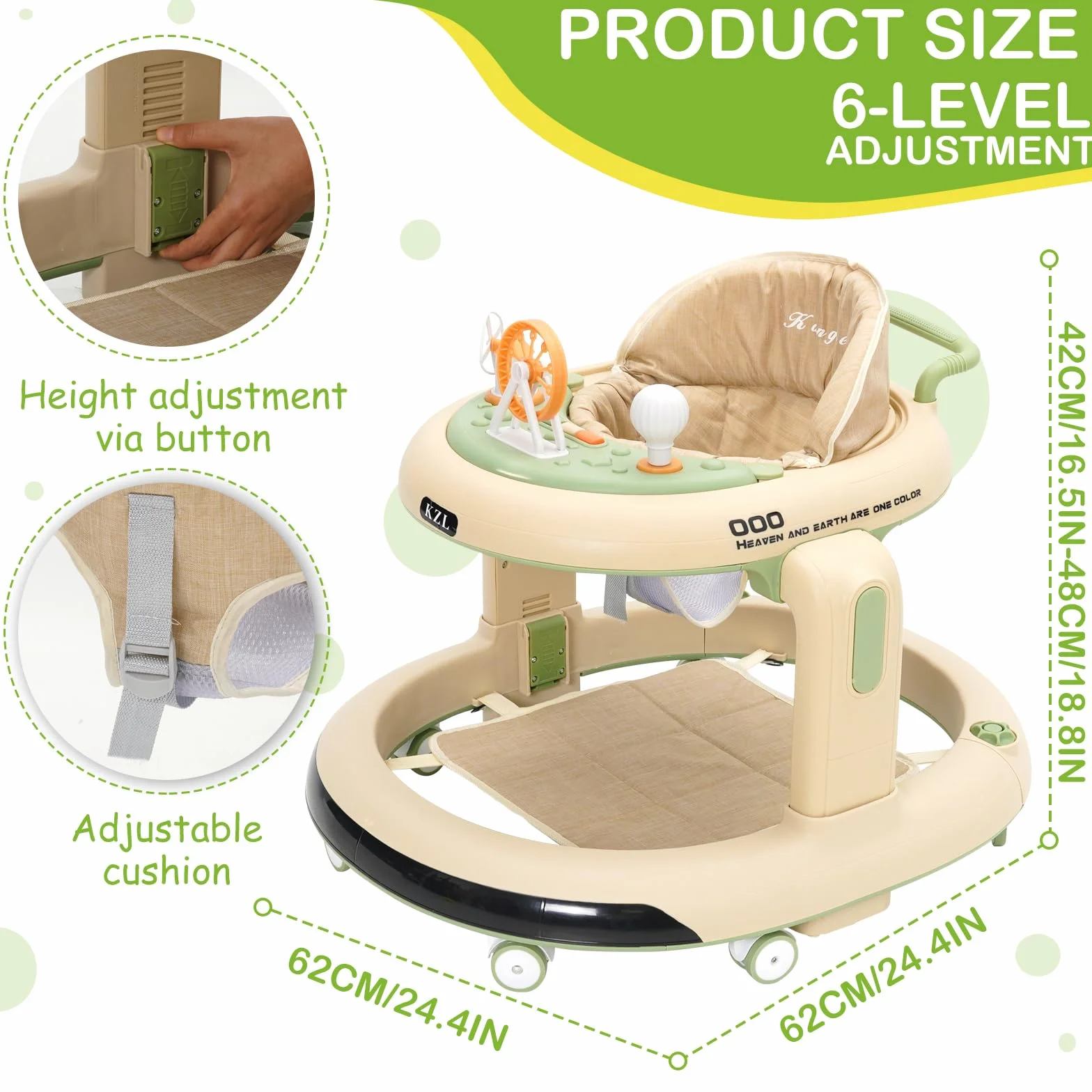 Pomoc w nauce chodzenia dla niemowląt, 3 w 1 Baby Walker z regulacją wysokości, bezpieczny wózek do nauki chodzenia z cichymi kołami 360°, wyjmowana taca do jedzenia, światło i centrum zabaw od 9 do