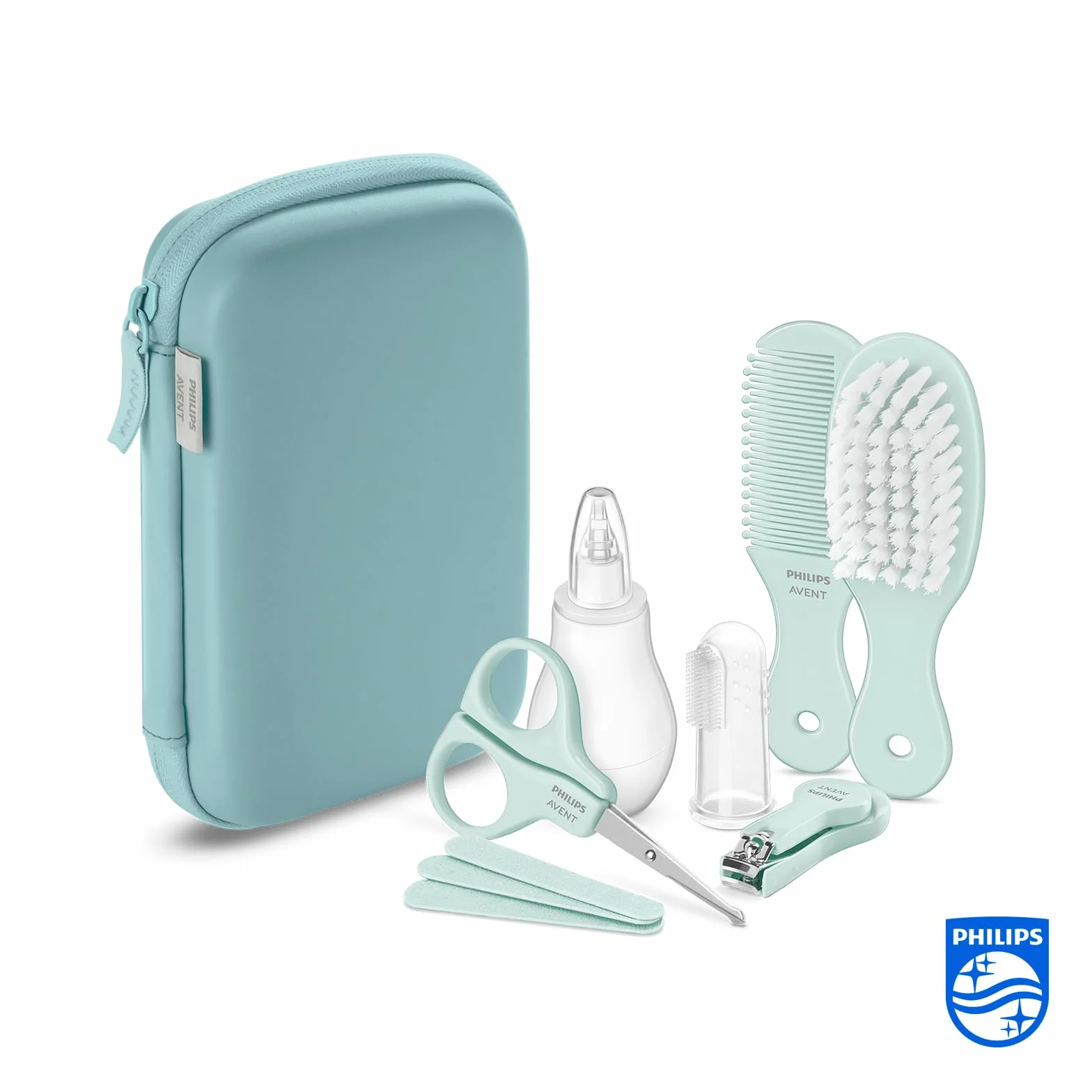 Philips Avent Zestaw do pielęgnacji dziecka, cążki do paznokci, nożyczki, 3 pilniczki, grzebień, szczotka do włosów, aspirator do nosa i szczoteczka do zębów na palec (model SCH401/00)