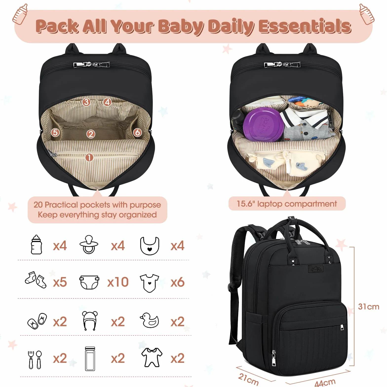 RAINSMORE Plecak do przewijania niemowląt, duża torba do przewijania, plecak z paskami do wózka dziecięcego i podkładką do przewijania, torba podróżna Diaper Bag, kolor czarny