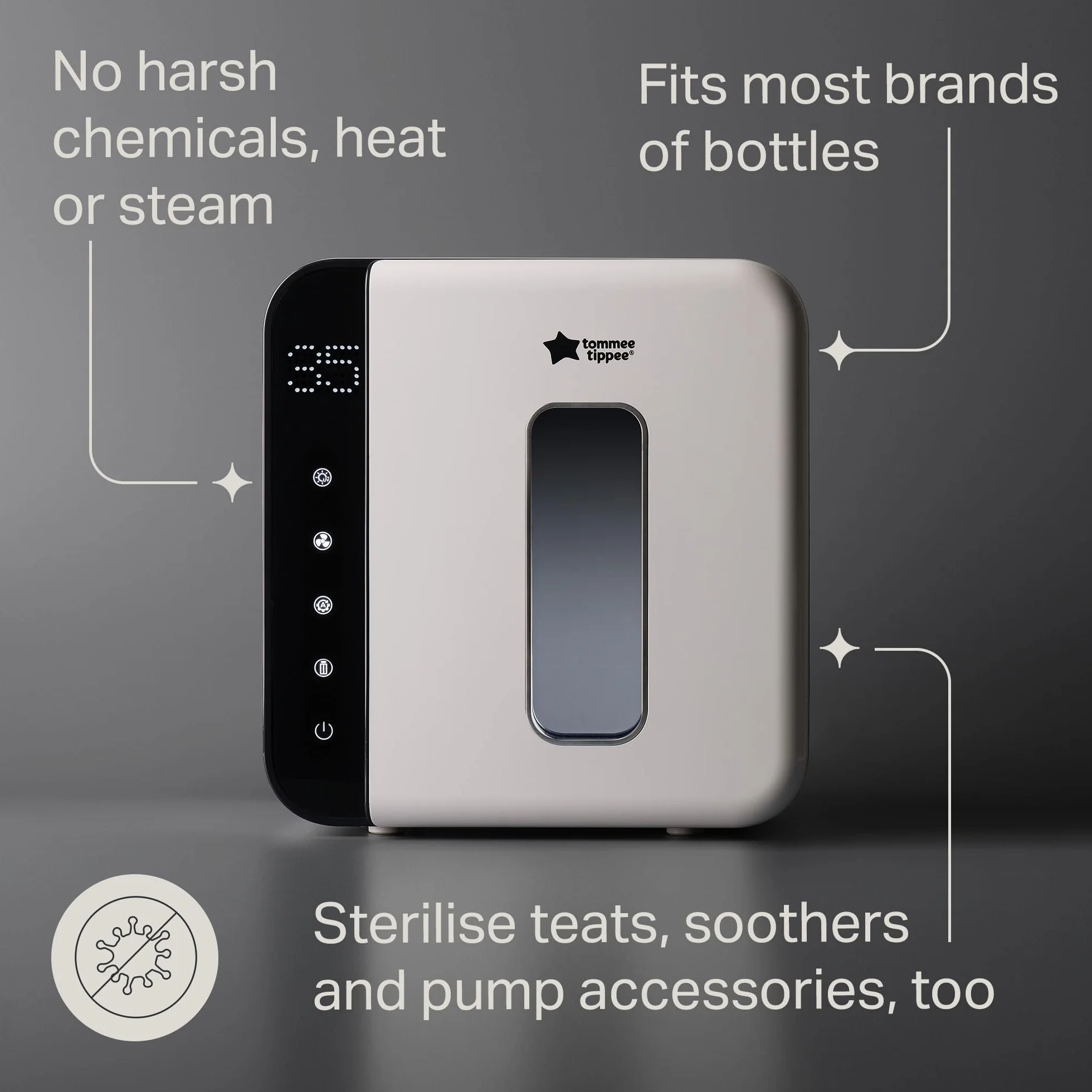 Tommee Tippee UV 3-in-1 Steriliser and Dryer for Baby Bottles and Accessories, Kills 99.9% of Bacteria and Viruses*, Steam and Water Free, White
