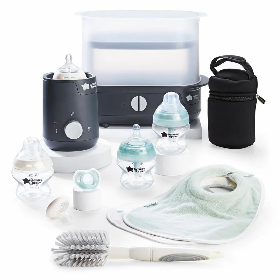 Tommee Tippee Closer to Nature kompletny zestaw do karmienia, elektryczny sterylizator parowy z izolowaną torbą na butelkę, butelki dla noworodków i podgrzewacz do butelek, czarny