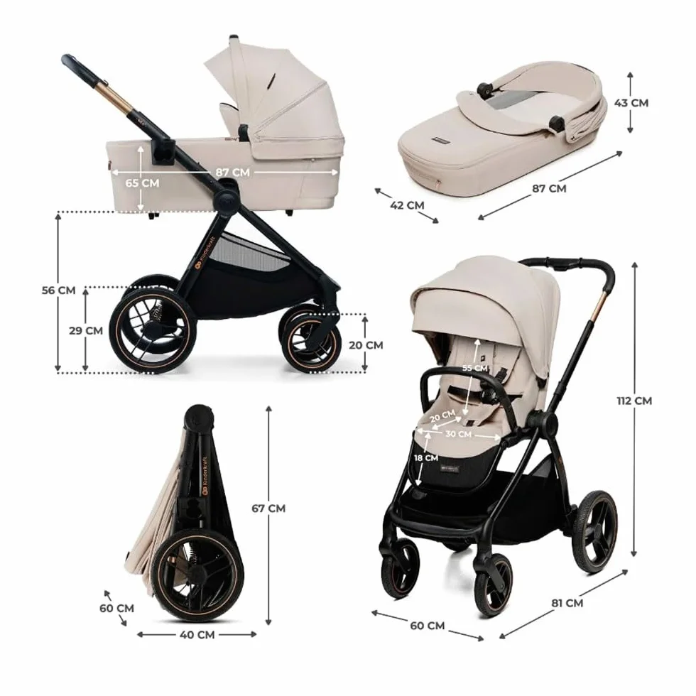 Kinderkraft NEA 2, wózek dziecięcy od urodzenia do 22 kg, składany jedną ręką, pozycja leżąca, duży kaptur, 4 amortyzujące koła, filtr UPF 50+, kosz do 5 kg, beżowy