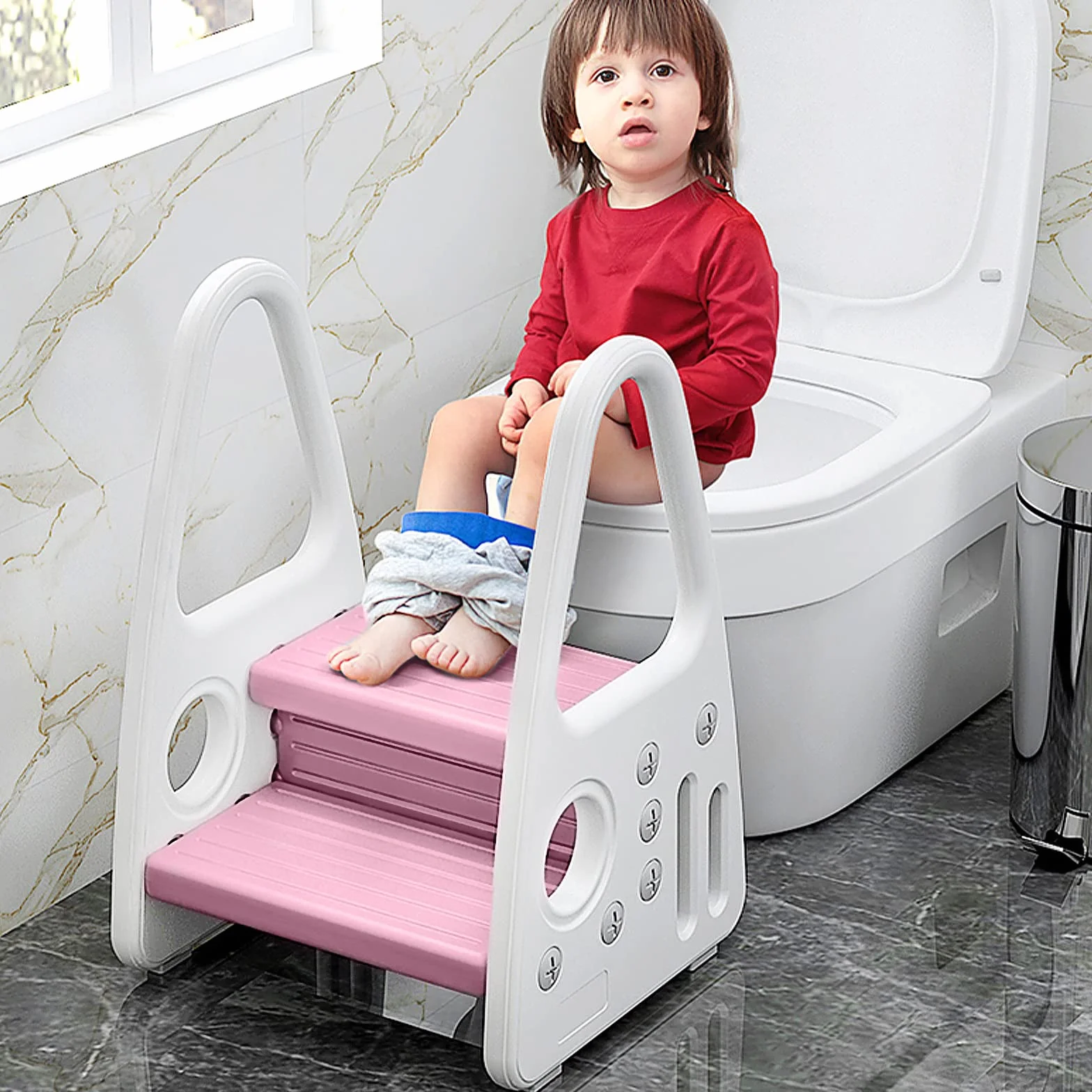 UISEBRT Taboret dla dzieci, 2 poziomy, stołek dziecięcy, dla małych dzieci, wieża do nauki, antypoślizgowa, z tworzywa sztucznego, do łazienki, sypialni, kuchni, pokoju dziecięcego, różowy