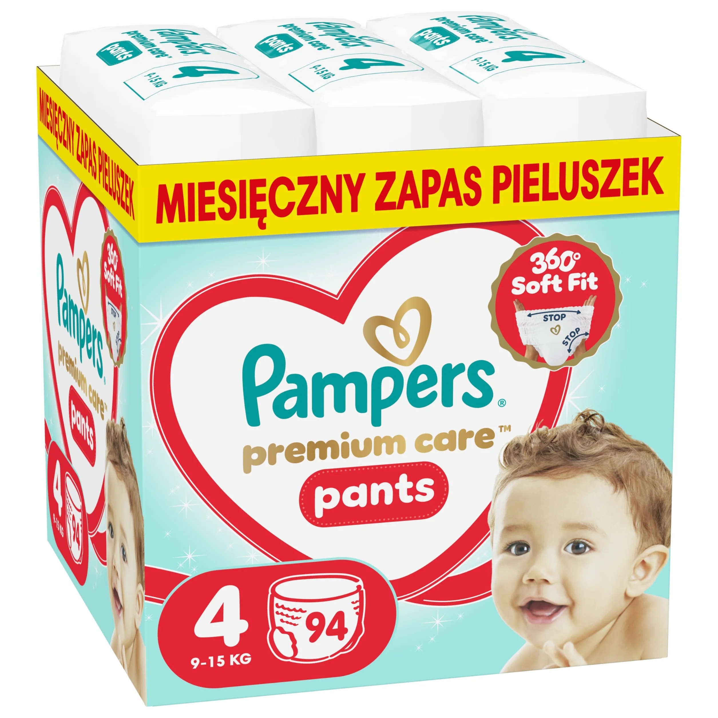Pampers Premium Care Pieluchomajtki Rozmiar 4, 94 szt., 9kg-15kg, pełne dopasowanie 360° i miękkie osłonki wokół nogawek zapewniają największy komfort i najlepszą ochronę