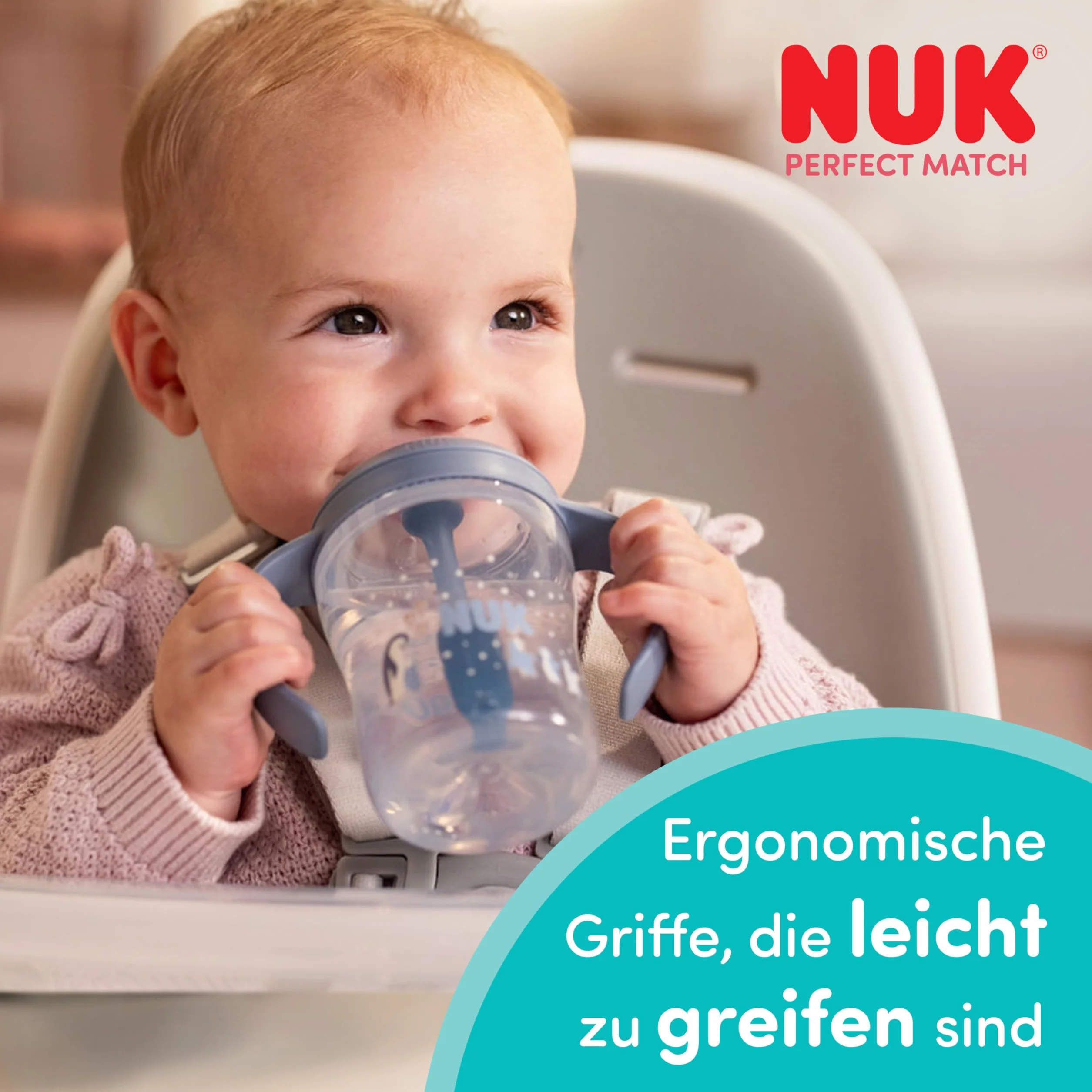 NUK Perfect Match Learner Butelka ze słomką | 8+ miesięcy | 150 ml | Nieprzeciekająca kubek ze słomką dla niemowląt | Antypoślizgowe uchwyty | Pingwin | 1 sztuka