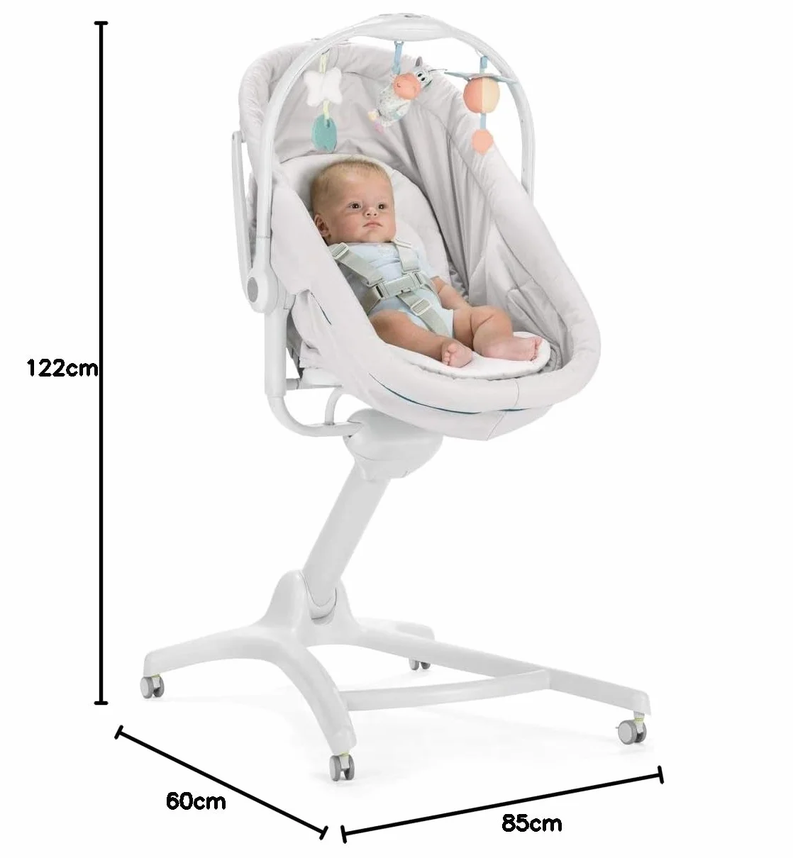 Chicco Baby Hug 4 w 1 Łóżeczko Dziecięce od Urodzenia do 3 Lat (15 kg), Wysokie Krzesełko dla Dziecka, Pałąk z Zabawkami, Regulowane Oparcie i Wysokość, Rozkładane Łóżeczko Dziecięce i Krzesło