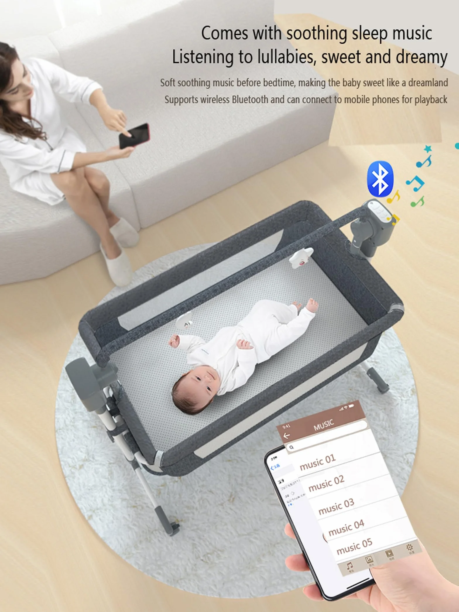 Elektryczne Bluetooth Smart Łóżeczko Next to Me, Łóżeczko z melodiami usypiającymi, Łóżeczko dziecięce dla noworodka, Łóżeczko z materacą do spania z dzieckiem z pilotem i 5 trybami