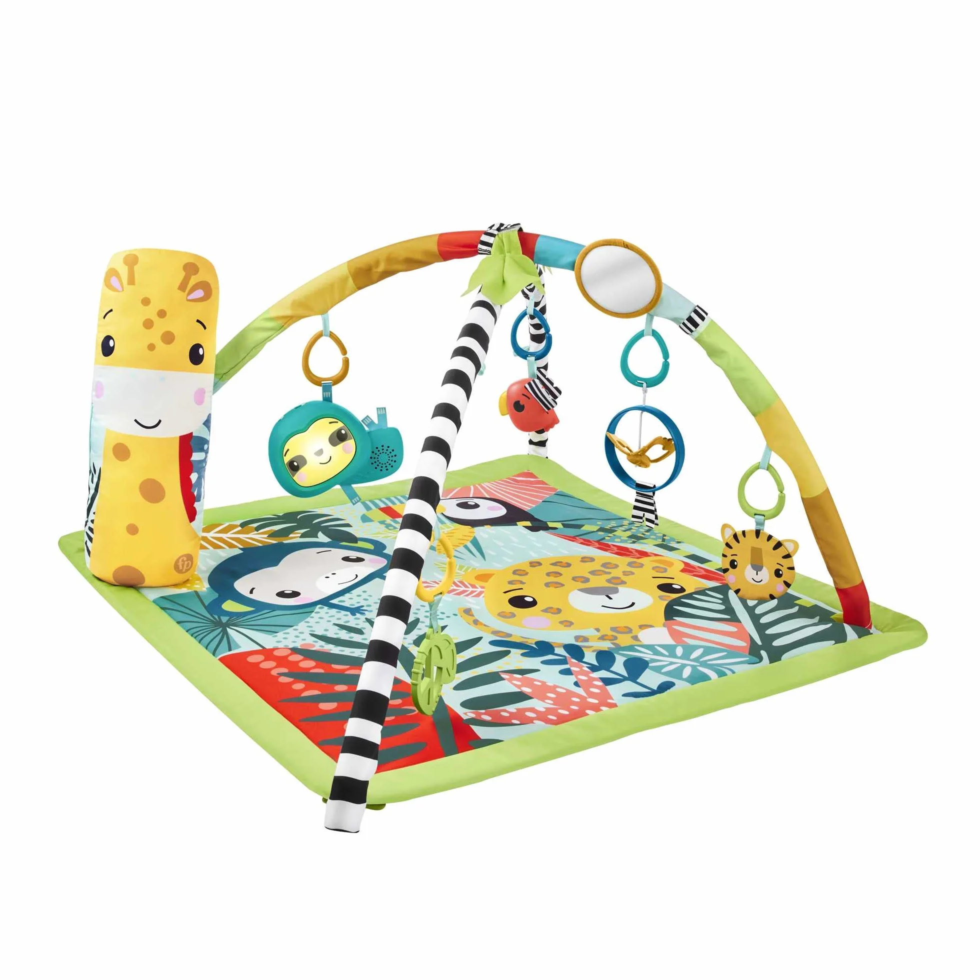 Fisher-Price Mata edukacyjna 3 w 1 Las tropikalny Mata do zabawy na brzuszku z 5 zabawkami sensorycznymi, światełkami, dźwiękami i łukiem do dostosowania, od noworodka po starsze dziecko, HJW08