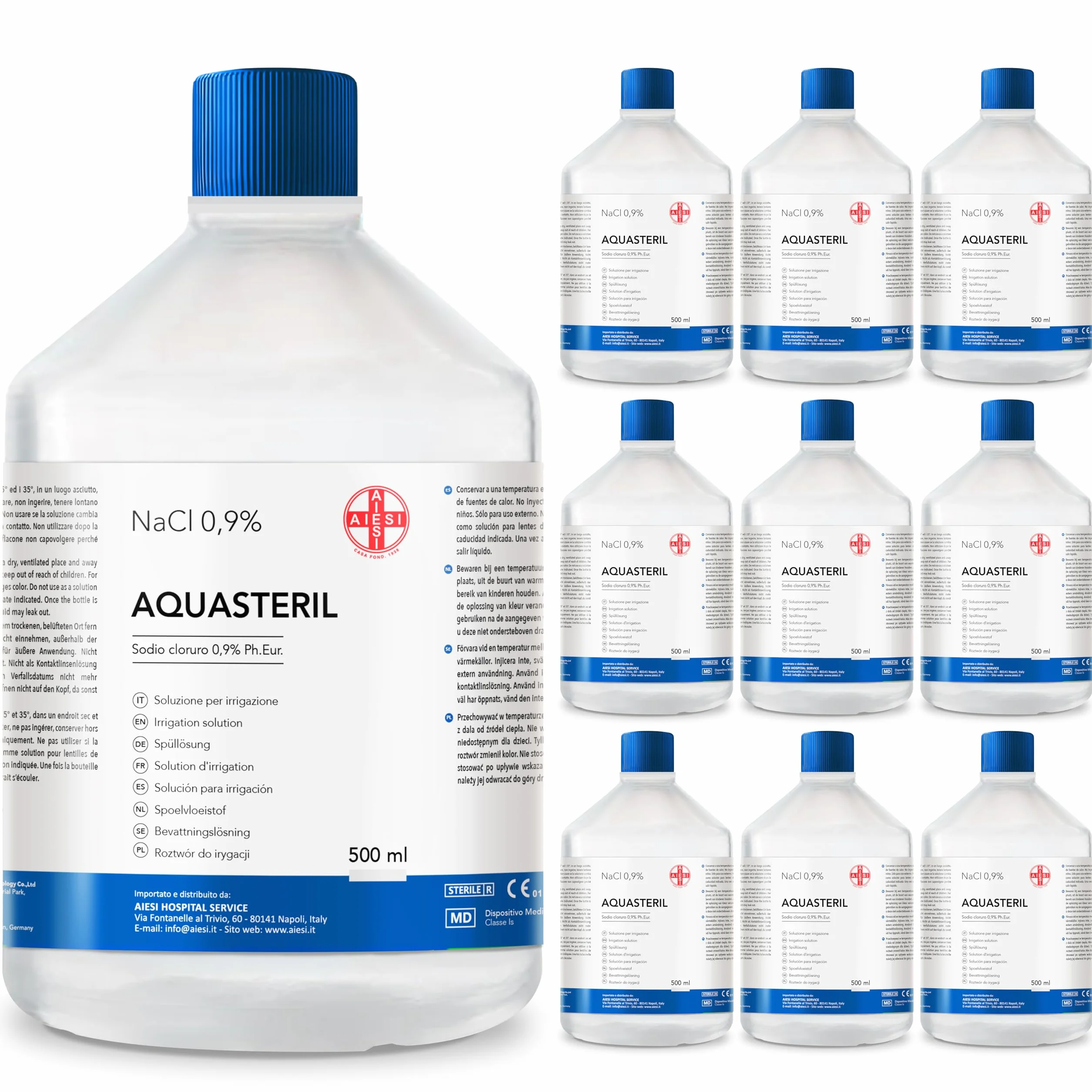 AIESI® Fizjologiczny roztwór soli fizjologicznej (10x500 ml) do płukania nosa, aerozoli i irygacji z zamykaną nakrętką AQUASTERIL, 0,9% chlorek sodu