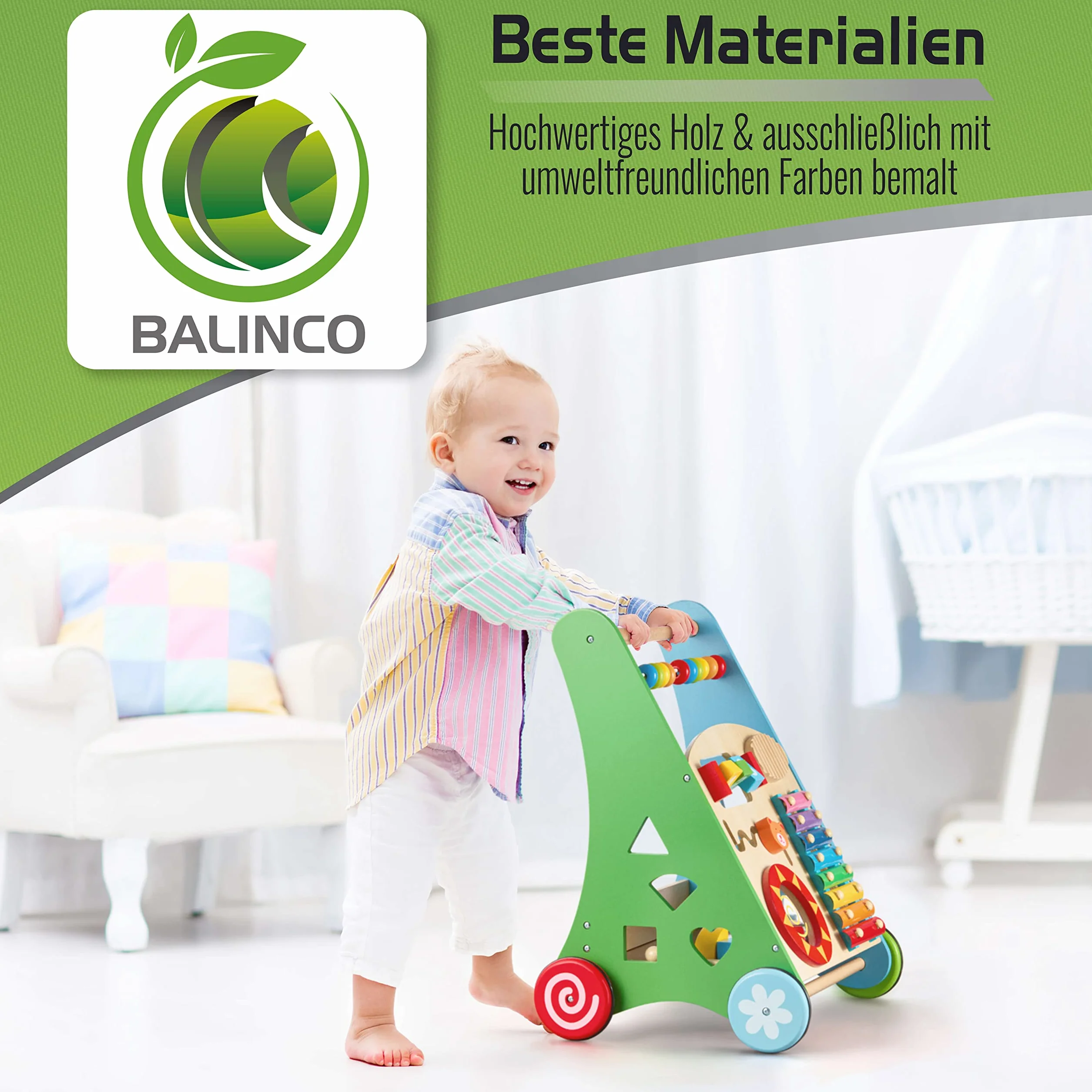 Balinco LEARNING WAGON WOOD, 3 w 1, zabawka edukacyjna + zabawka muzyczna + chodzik dla dziecka od 6 miesicy