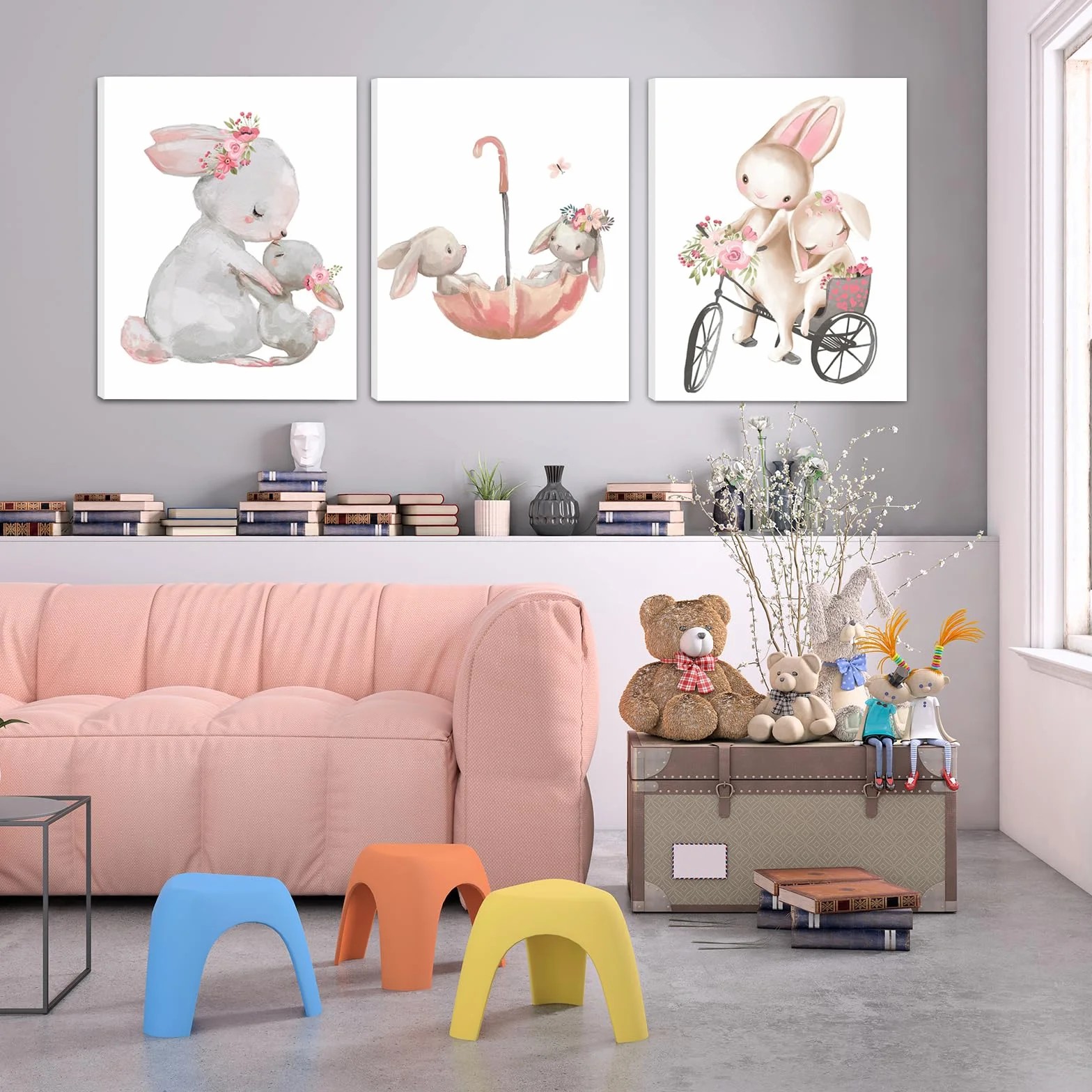 Zamety Zestaw 3 obrazów do pokoju dziecięcego dziewczynki, zajączek, plakat do pokoju dziecięcego, obrazy na płótnie, do pokoju dziecięcego z ramą, obrazy dla dzieci, do sypialni, dekoracja ścienna