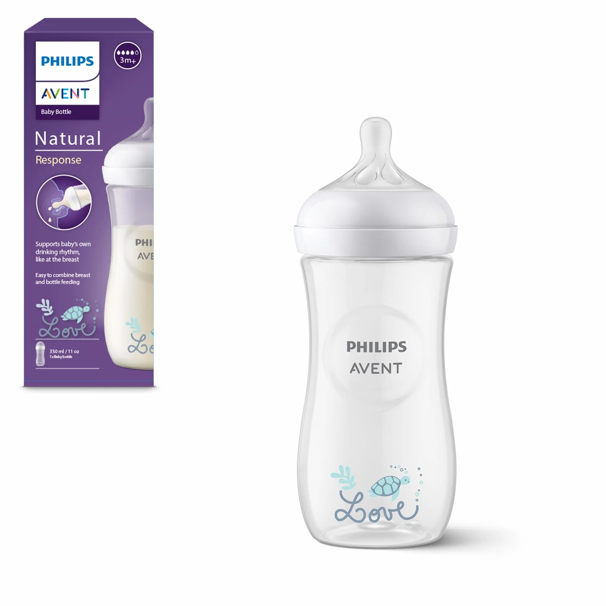 Philips Avent, butelka dla niemowląt Natural Response 330 ml ze smoczkiem w wersji Flow 4 (smoczek dla niemowląt od 3. miesiąca życia), SCY906/11