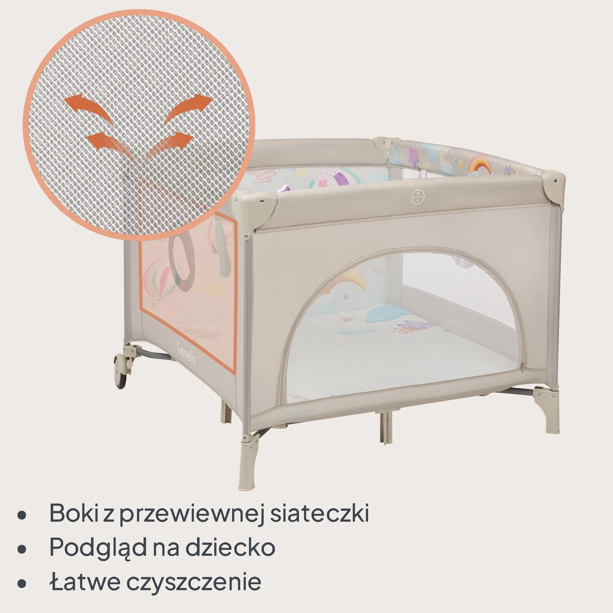 LIONELO Kojec dziecięcy 2 w 1 Łóżeczko Turystyczne Podróżne MILLE PLUS do 15 kg 0-36 miesięcy, Boczne Wejście, Materac 3D, 2 Koła z Hamulcem Łatwe Składanie, Torba Transportowa