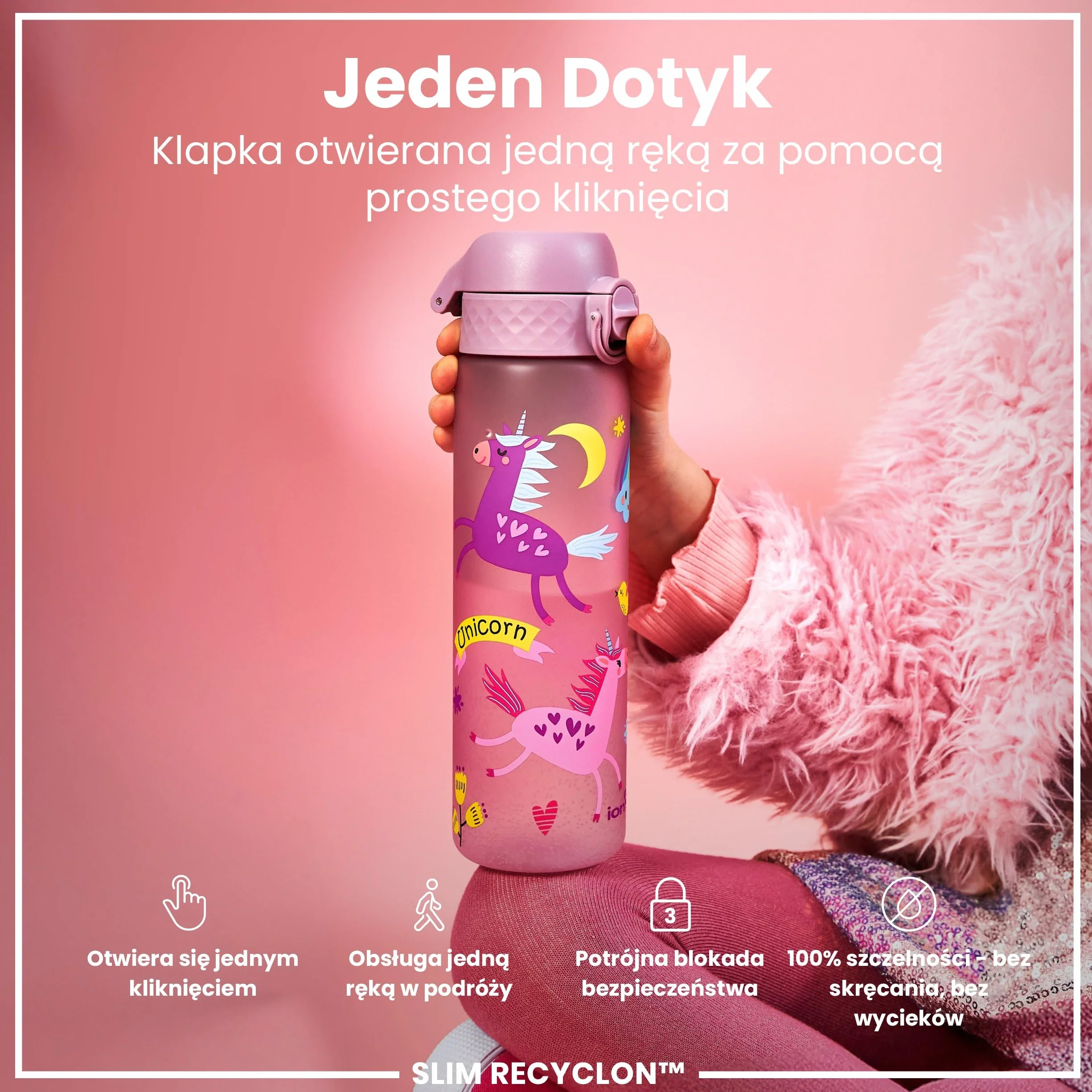 ION8 Butelka na Wodę, 500 ml/18 oz, Szczelna, Łatwe Otwieranie, Bezpieczny Zamek, Można Myć w Zmywarce, Bez BPA, Higieniczne Pokrycie, Uchwyt do Przenoszenia, Łatwa Czyszczenie, Liliowe Jednorożce