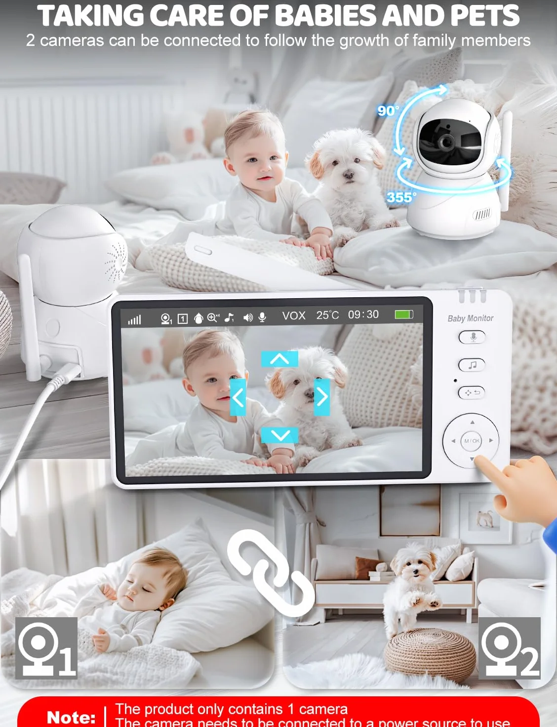 BURNNOVE 5-calowy monitor dla niemowląt z kamerą, VOX 4-krotny zoom, alarm karmienia, funkcja konwersacji, obrót/pochylenie PTZ, kołysanka, widzenie nocne, odpowiedni dla młodych rodziców