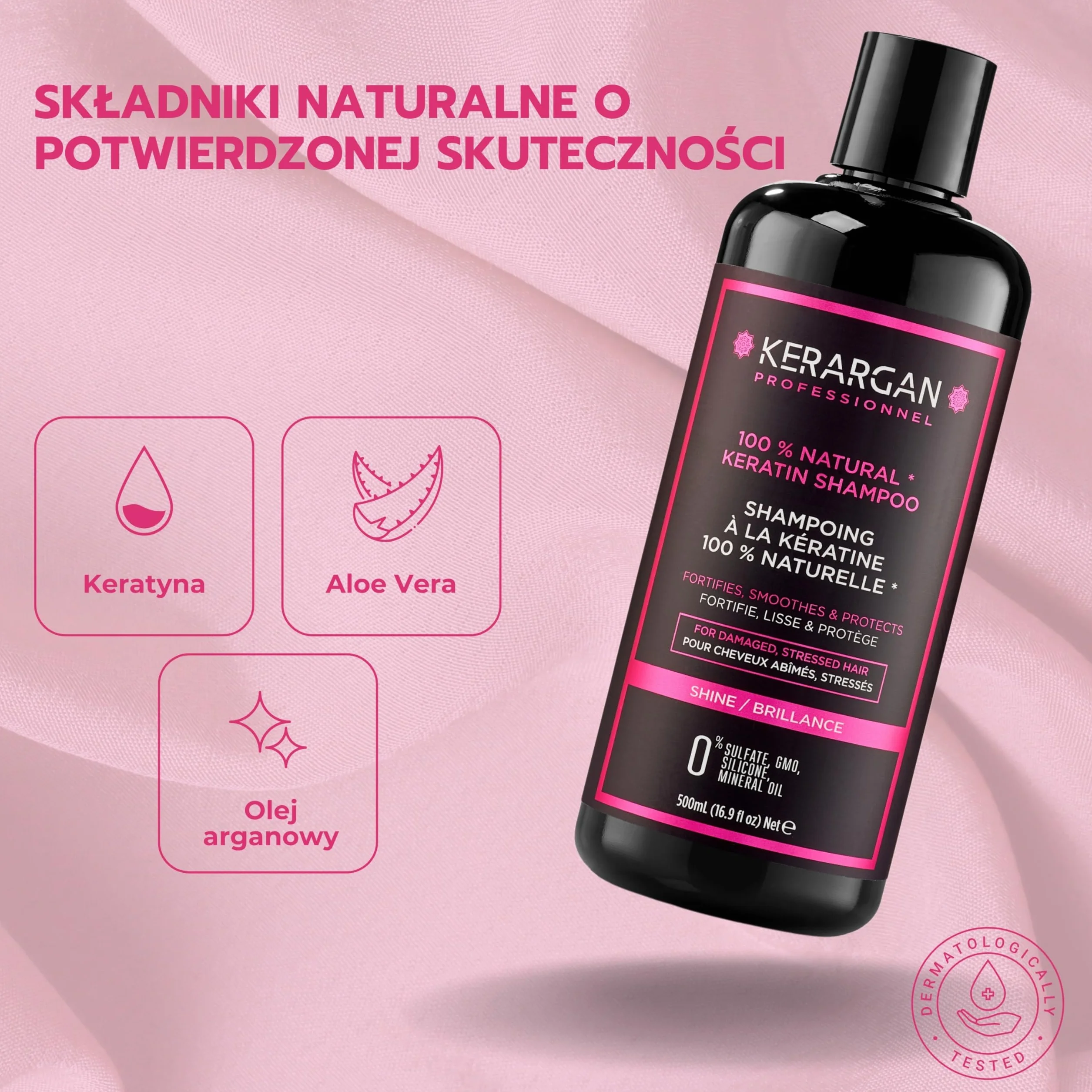 Kerargan - Szampon Ultra Naprawczy z Keratyną do Włosów Zniszczonych i Stresowanych - Wzmacniający, Wygładzający i Ochronny - Bez Sulfatów, GMO, Silikonu, Oleju Mineralnego - 500ml