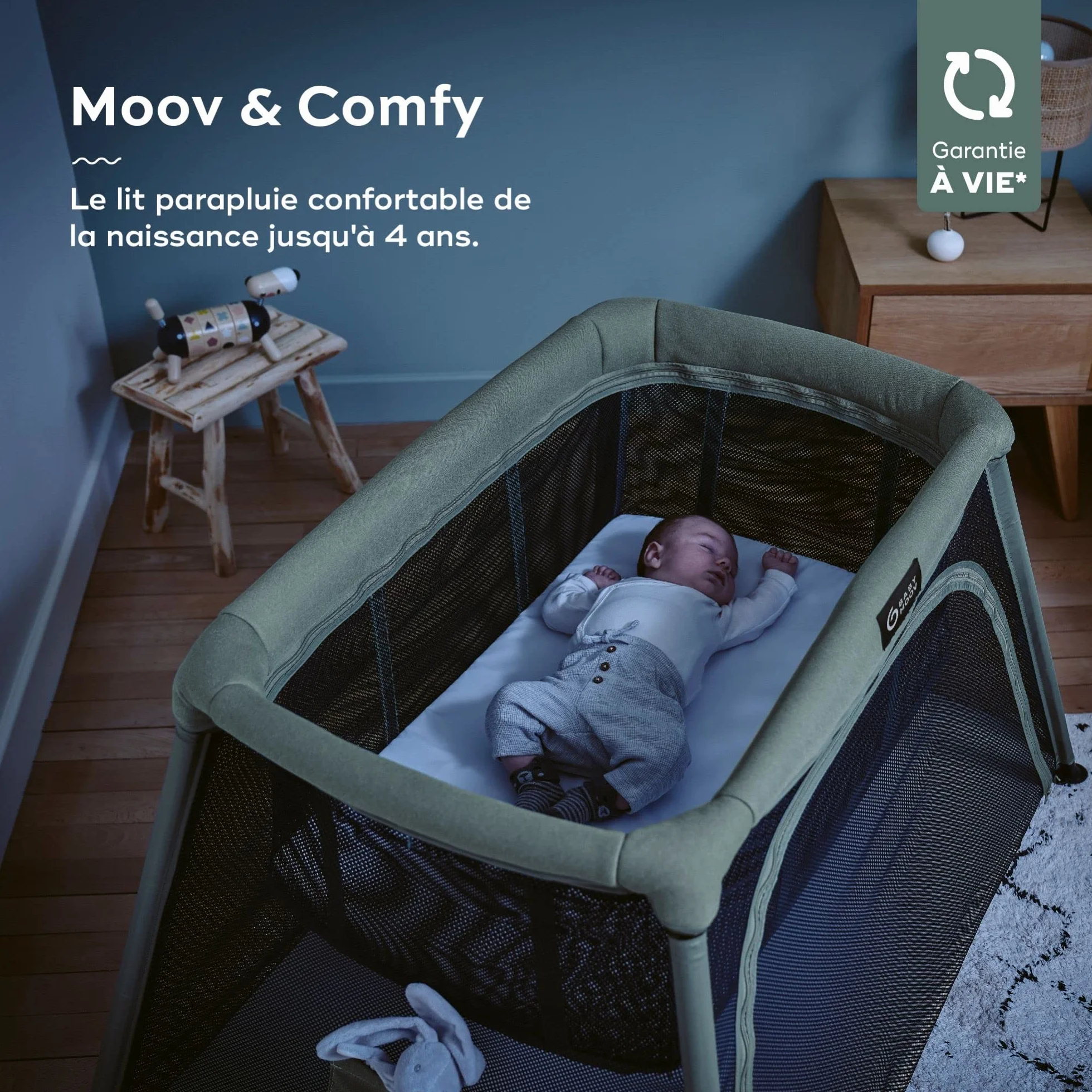Babymoov Łóżko parasolowe Moov and Comfy 3 w 1 - Idealne od urodzenia do 4 lat - 2 poziomy: kołyska i duże łóżko dodatkowe z placu zabaw - łatwy w montażu i złożeniu - Dożywotnia