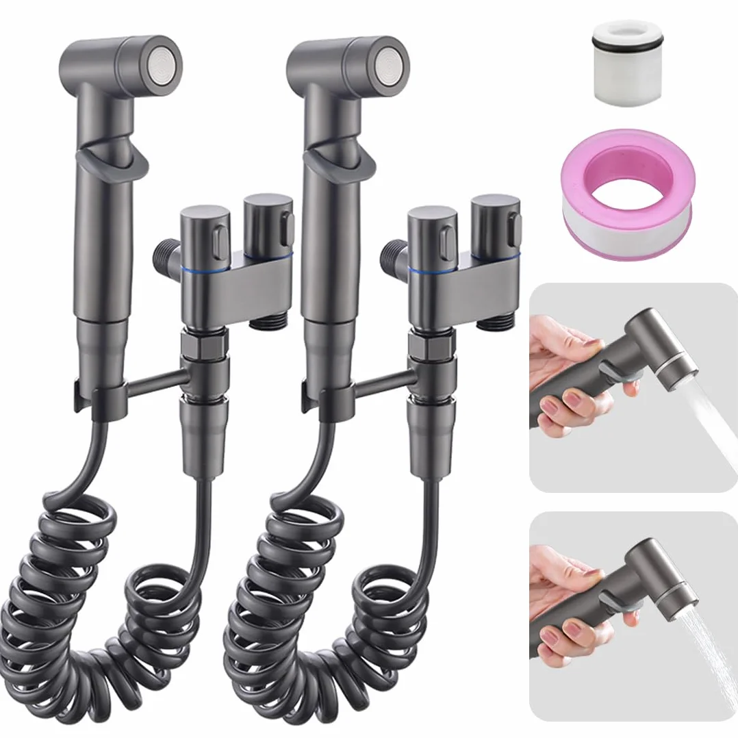 Podwójny zawór sterujący 1-w-2-out mini bateria toaletowa zestaw opryskiwacza podkładka doczołowa, wielofunkcyjny ręczny bidet spray do pieluch łazienkowych, natrysk, wąż i akcesoria (2 szt., szary)