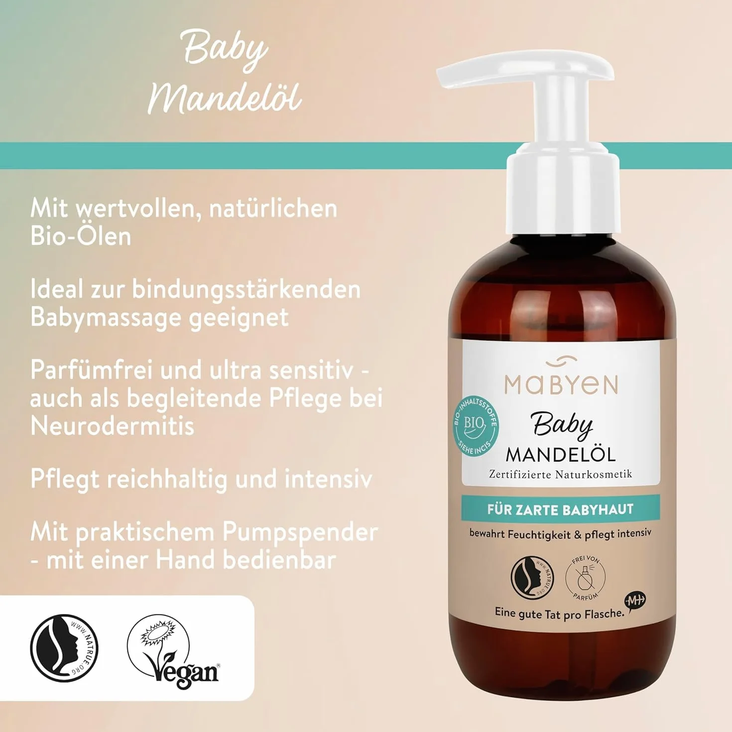 MABYEN Bio Baby Olej Migdałowy 200ml | Wegański, bez zapachu, kosmetyki naturalne - Olej migdałowy dla niemowląt idealny do pielęgnacji dziecka i jako olejek do masażu niemowląt - w praktycznej butelc