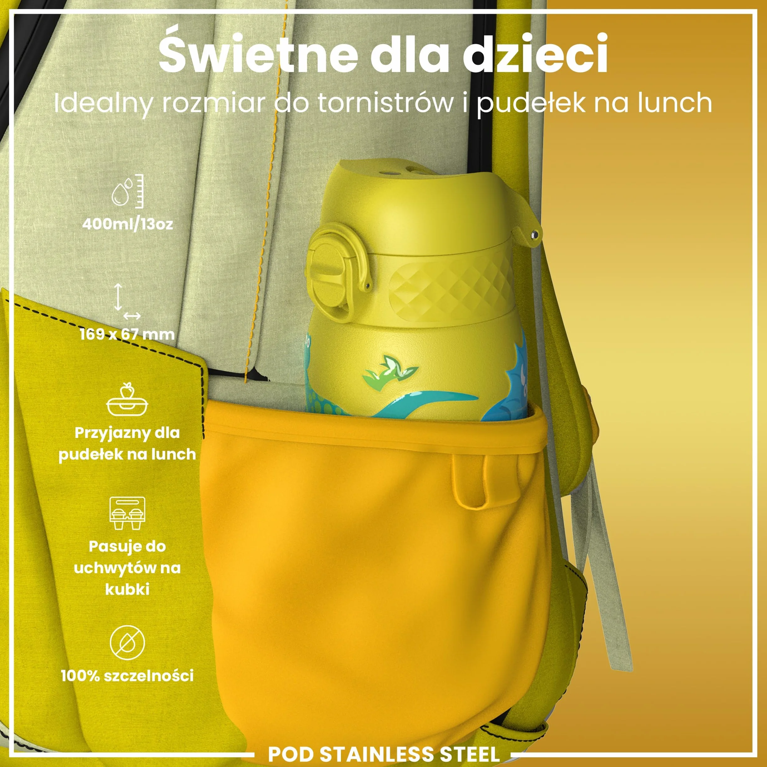 ION8 Butelka na Wodę dla Dzieci ze Lekki Stali, 400 ml/13 oz, Nieocieplany, Szczelna, Łatwa do Otwarcia, Bezpieczny Zamek, Można Myć w Zmywarce, Składany Uchwyt, Łatwa w Czyszczeniu, Dinozaury