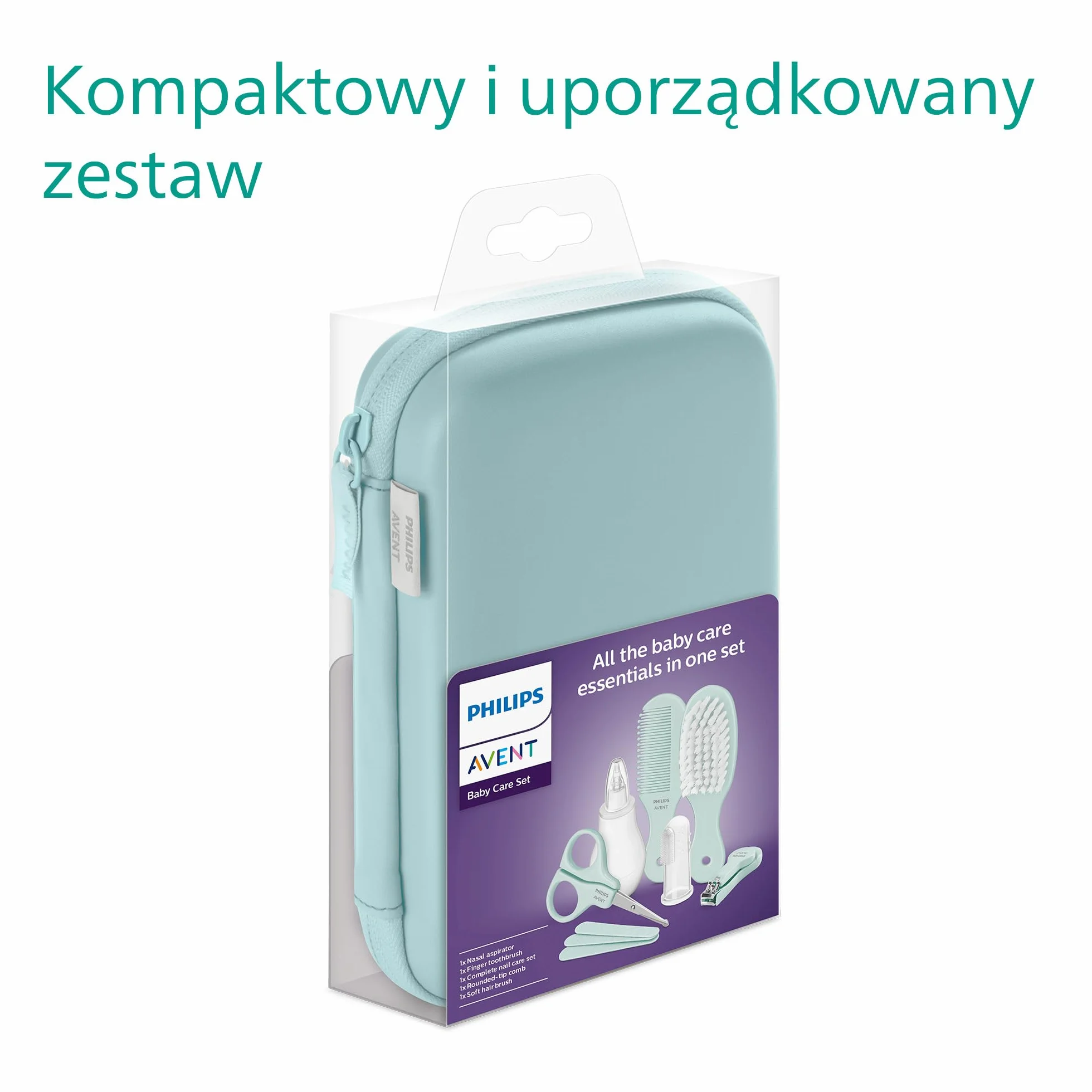 Philips Avent Zestaw do pielęgnacji dziecka, cążki do paznokci, nożyczki, 3 pilniczki, grzebień, szczotka do włosów, aspirator do nosa i szczoteczka do zębów na palec (model SCH401/00)