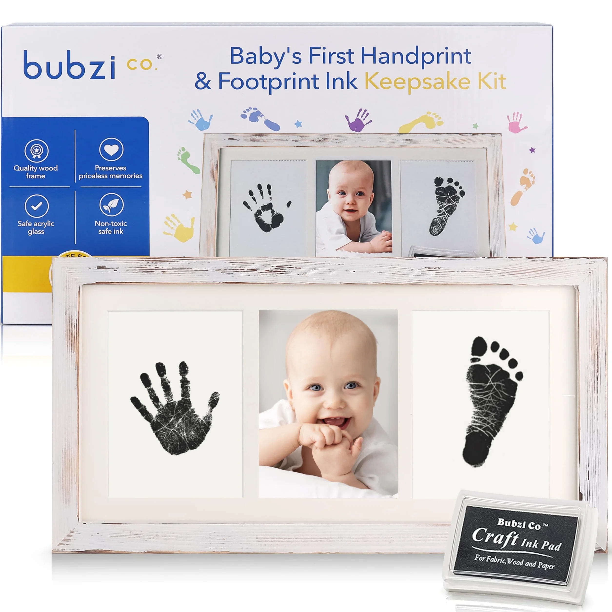 Bubzi Co Zestaw odcisków dłoni dla niemowląt i ramka na zdjęcia dla noworodków i chłopców, unikalny zestaw prezentów na baby shower, pamiątkowe dekoracje na ścianę pokoju lub pokoju dziecięcego (białe