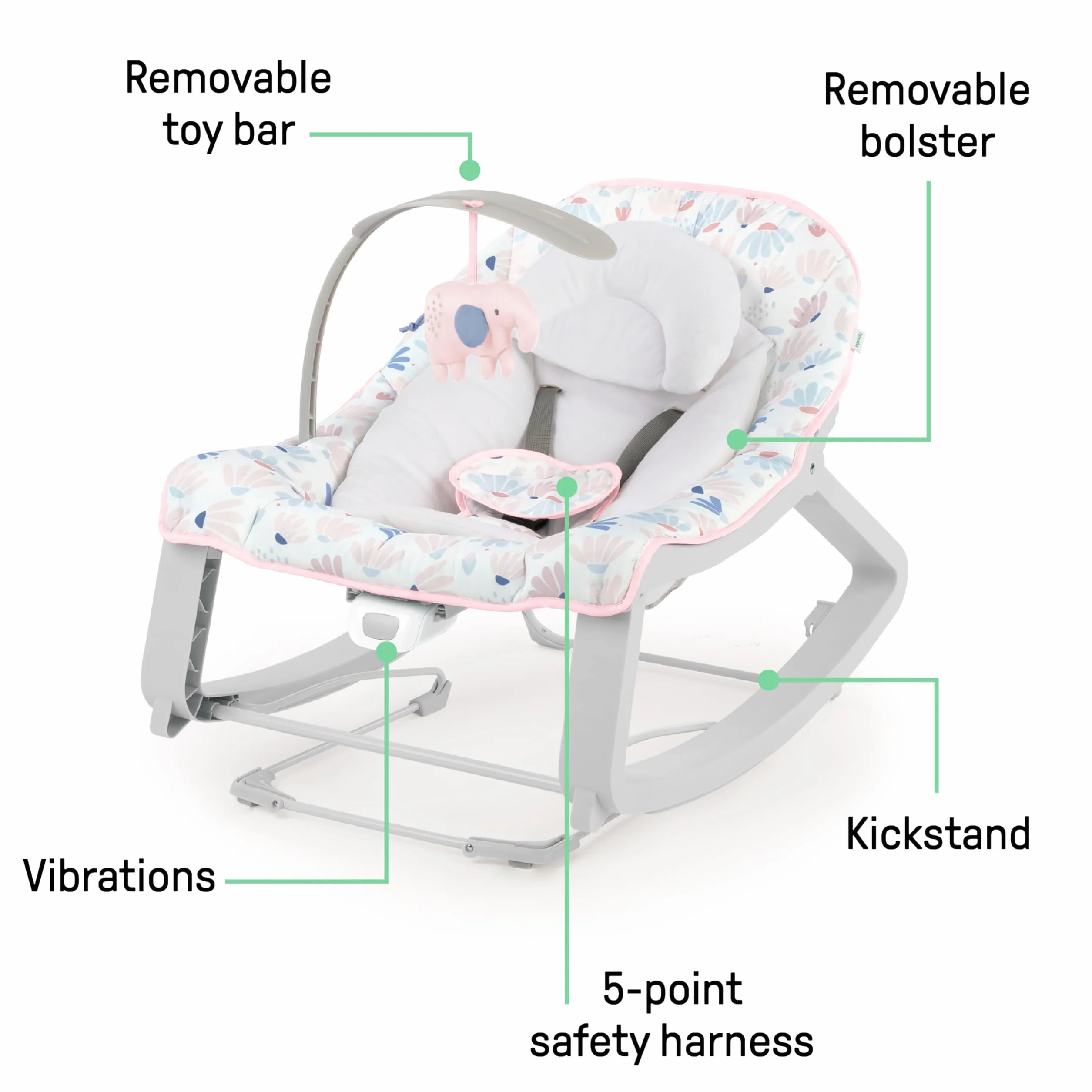Ingenuity, Keep Cozy 3 w 1 Grow with Me, kołyska dla niemowląt Burst z wibracjami, 3 funkcje przechylania do huśtawki, huśtawki lub jako stałe siedzenie, 2 pozycje leżenia, zdejmowany łuk do zabawy,
