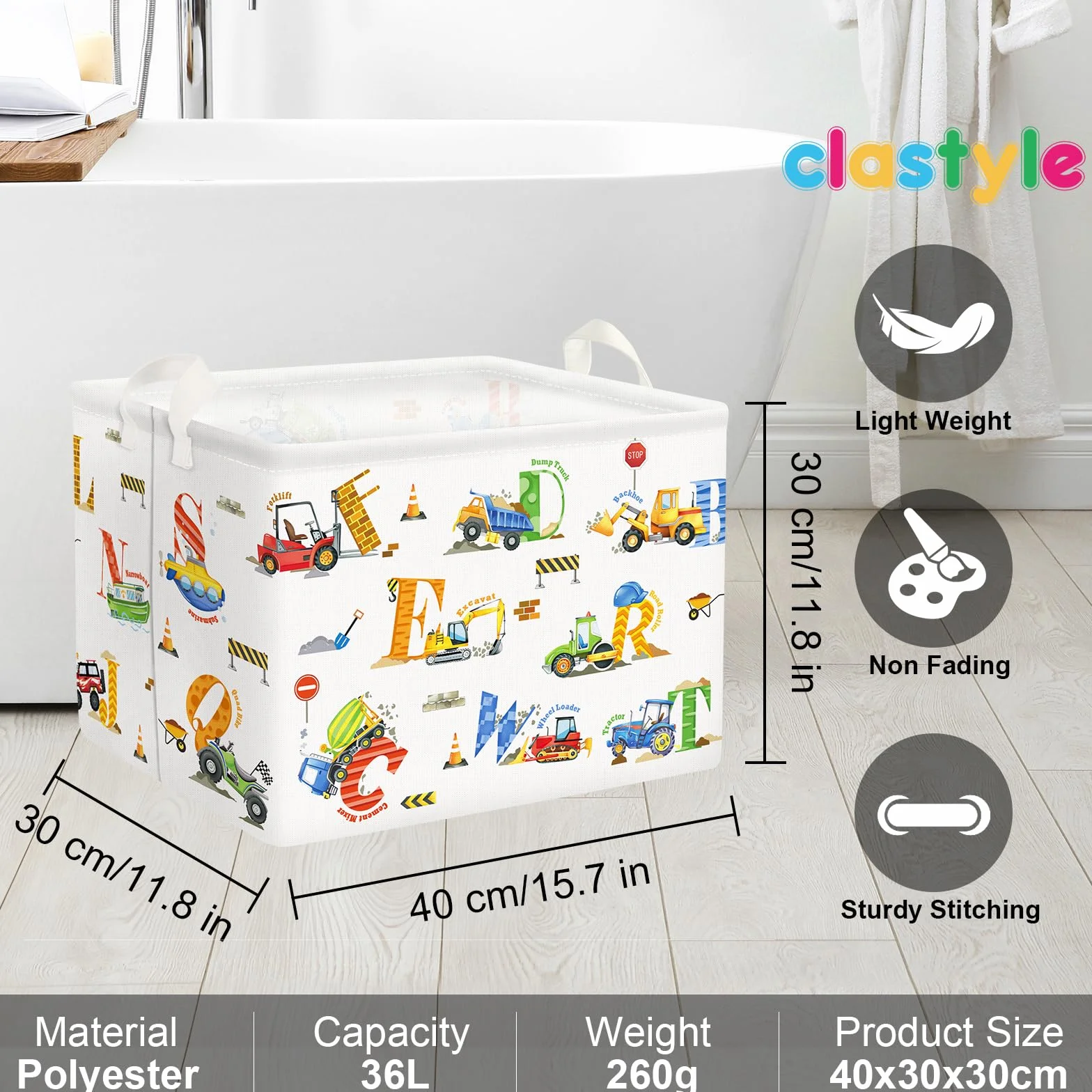Clastyle 36 l, duża litera, pojazd budowlany, koparka, kosz do przechowywania z uchwytem, biały, prostokątny, zabawka, pudełko do przechowywania ubrań, do pokoju dziecięcego, łazienki