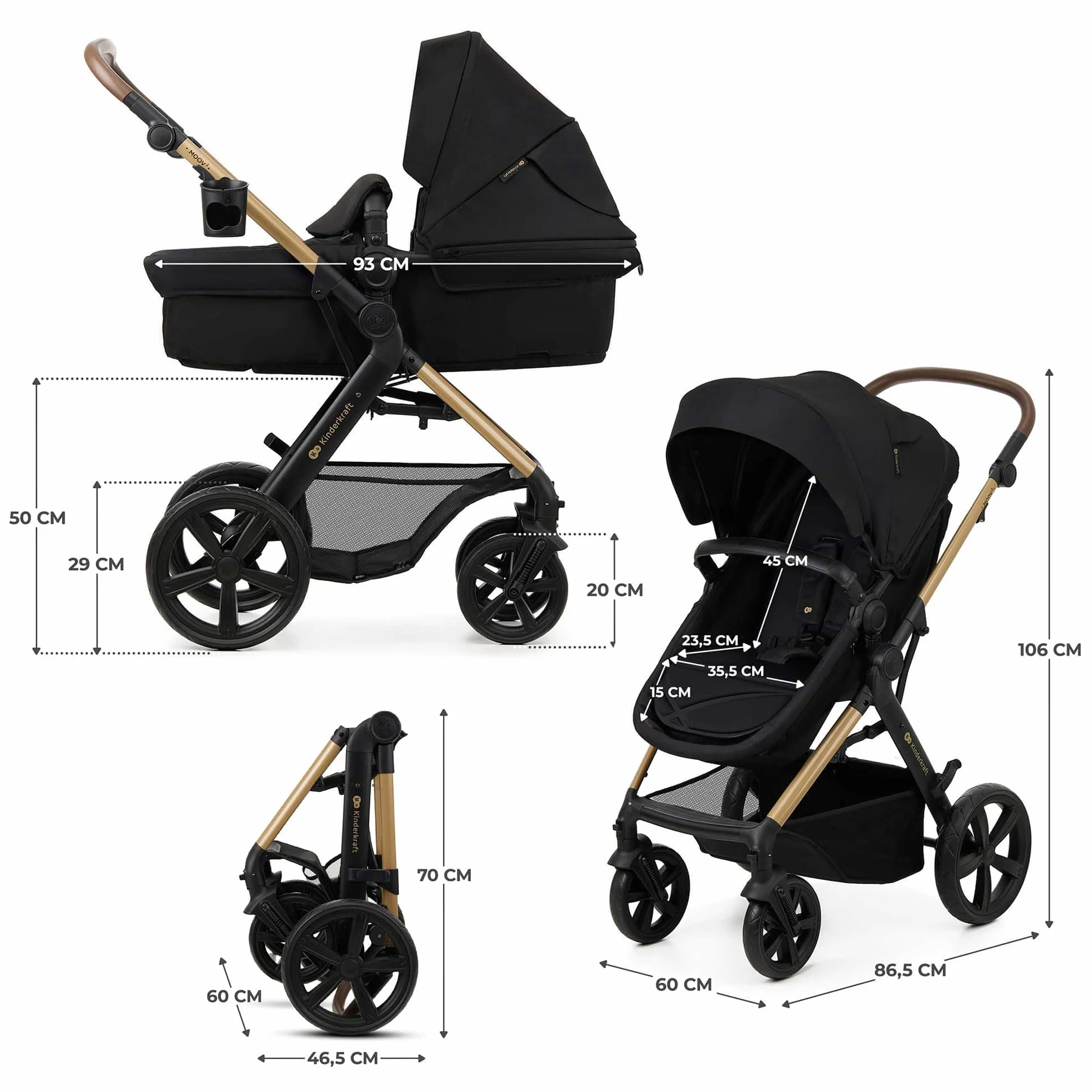 Kinderkraft MOOV 2 3 w 1 fotelik samochodowy, Mink PRO I-Size, system podróżny, wózek dziecięcy, krzesło spacerowe, składane, dla noworodka, od urodzenia do 3 lat, Czarny