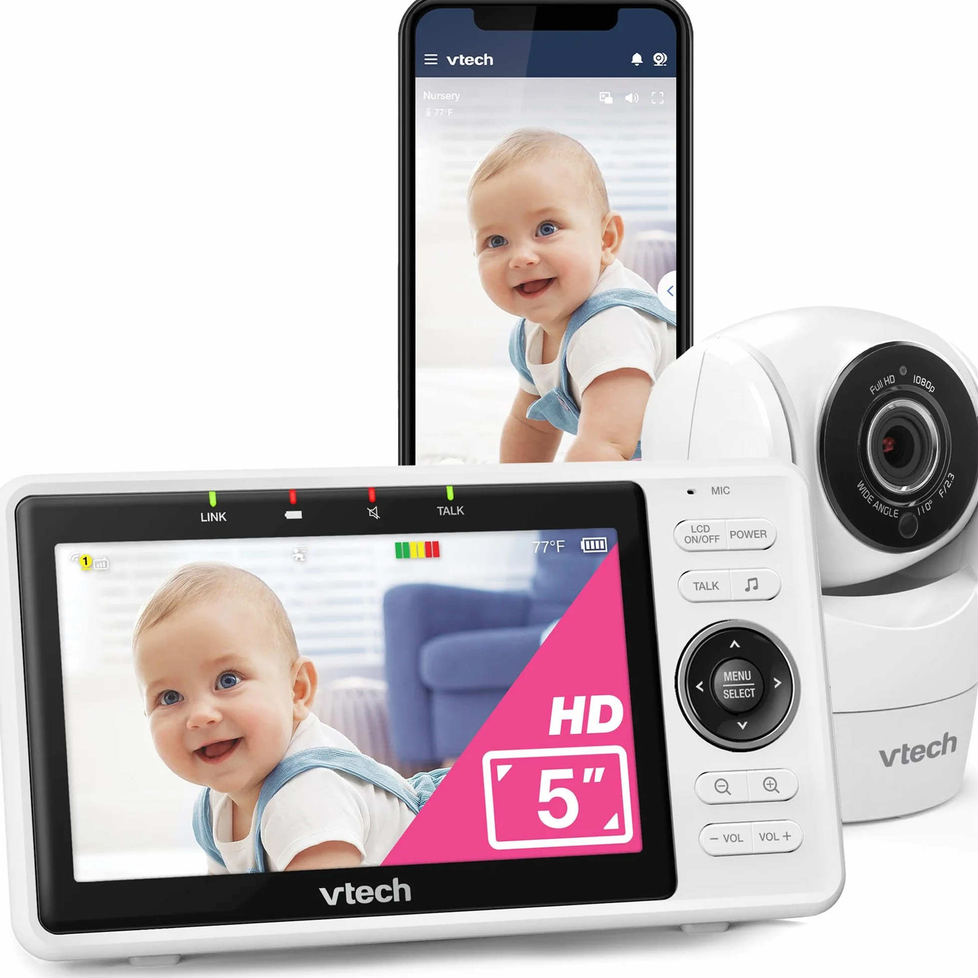 Vtech VM901-1W kamera WiFi, Smart Baby Monitor z wyświetlaczem HD 5 cali, 1080p Tilt/Swivel Camera i aplikacja, szeroki kąt widzenia 120°, działa z systemem iOS, Android