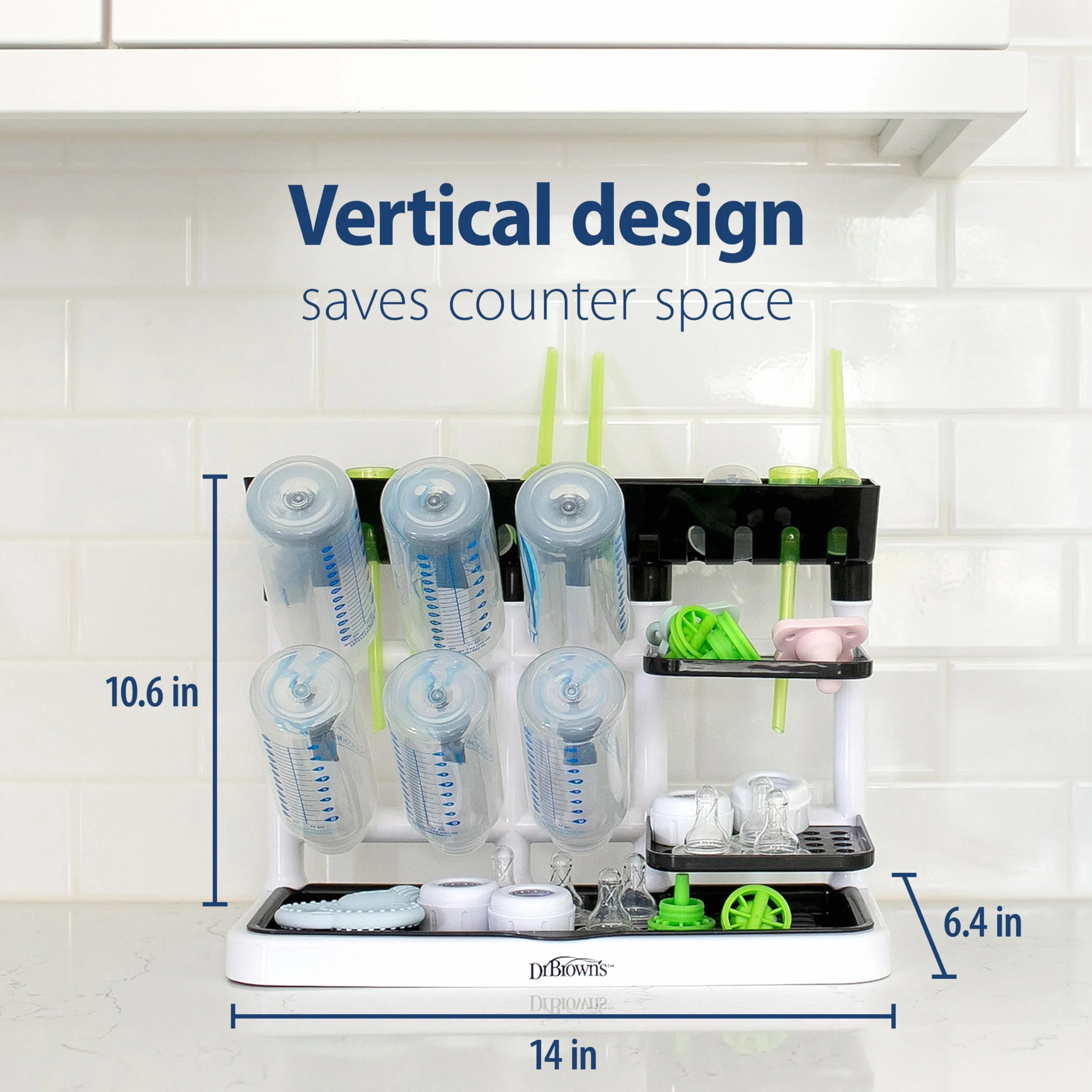 Dr. Brown's Drying Tower, Stand-Up Drying Rack, Countertop Baby Bottle Drying with Organized Storage for Baby Essentials, Space Saving Vertical Rack