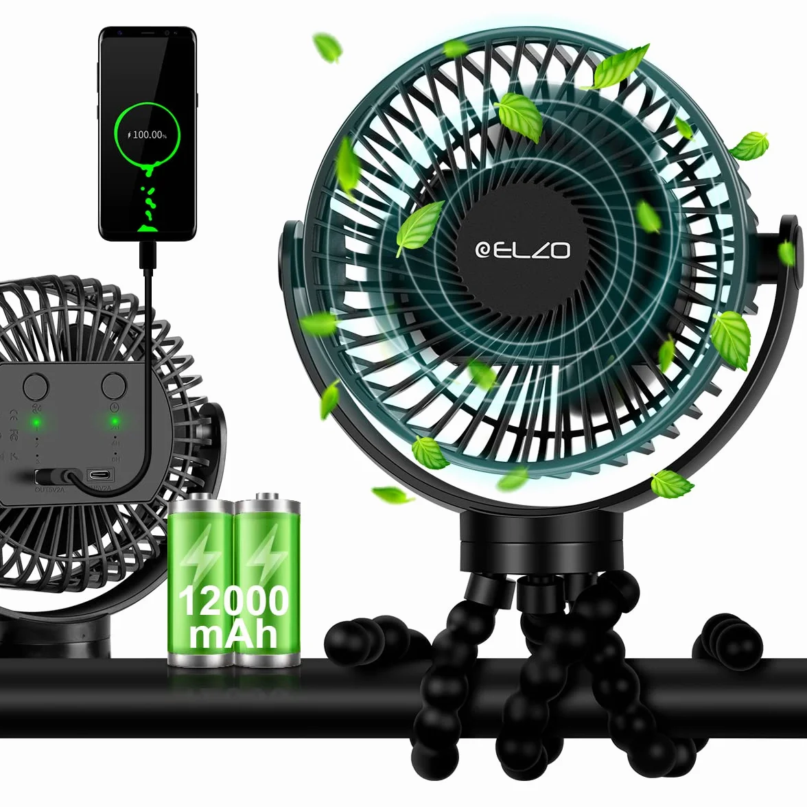 ELZO Wentylator wózka 12000 mAh, cichy, przenośny wentylator z 3 prędkościami, wentylator obrotowy o 360°, wentylator ładowany przez USB, do wózka, biura, fotelika samochodowego, namiotu