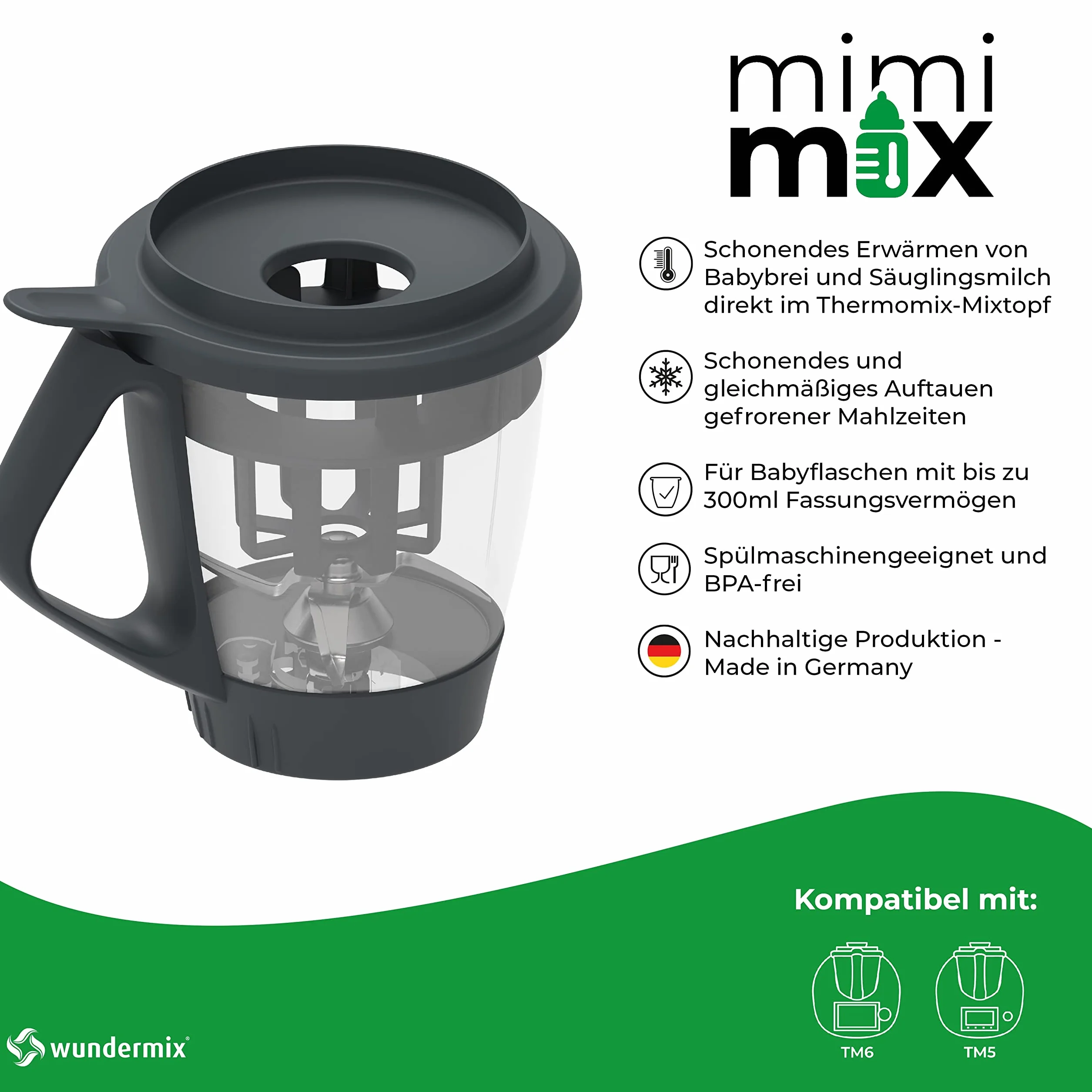 Wundermix - Mimimix Podgrzewacz Butelek dla Niemowlat kompatybilny z Thermomix TM7, TM6 i TM5 • Delikatne Podgrzewanie Jedzenia dla Dzieci i Mleka • Sterylizacja Butelek w Thermomix