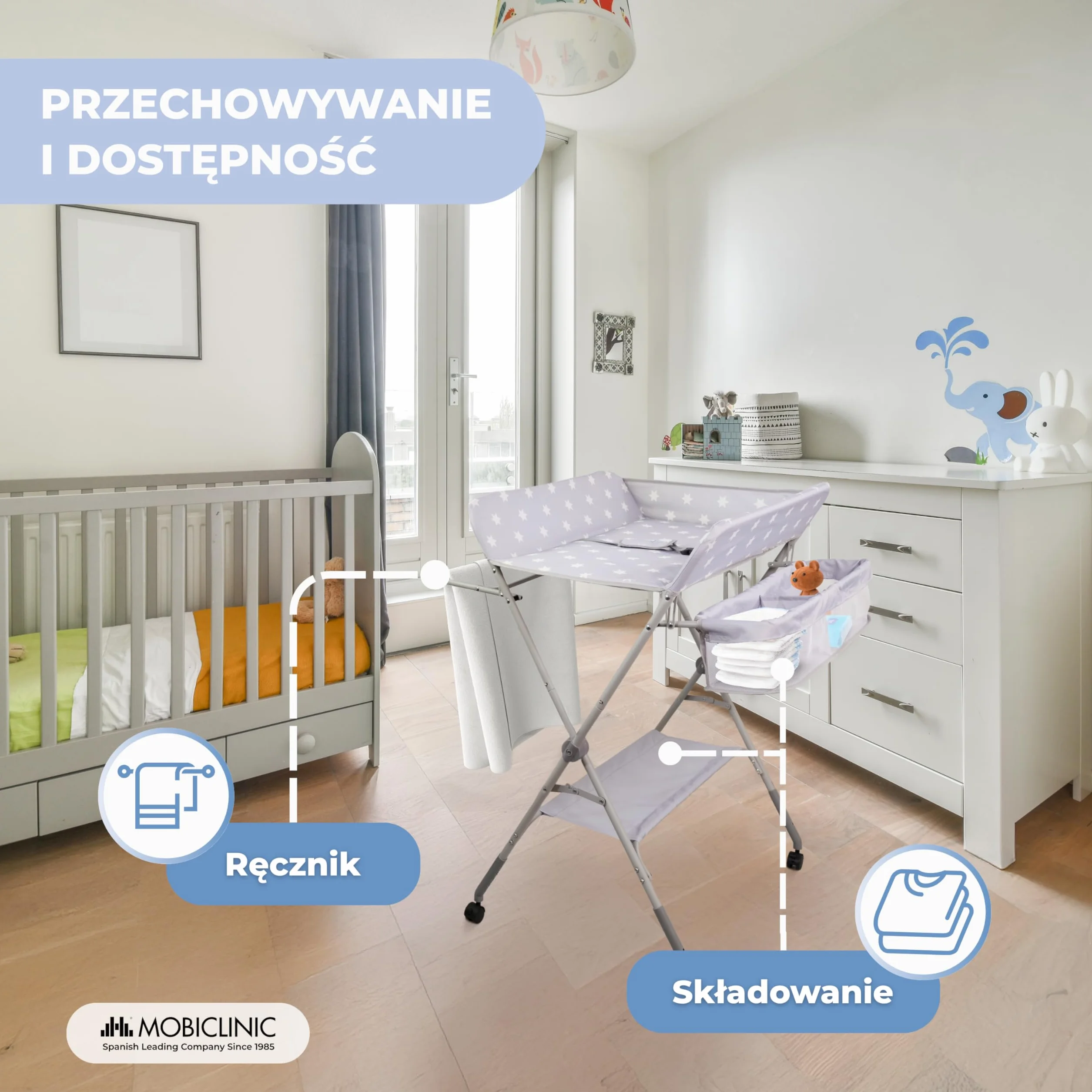 Mobiclinic®, Stół do Przewijania Niemowląt, Składany, Regulowana Wysokość, Do 15 kg, 0–36 Miesięcy, Organizer na Pieluchy, Kółka 360° z Hamulcem, Uprząż i Barierka Zabezpieczająca, Zmywalny, Zoey