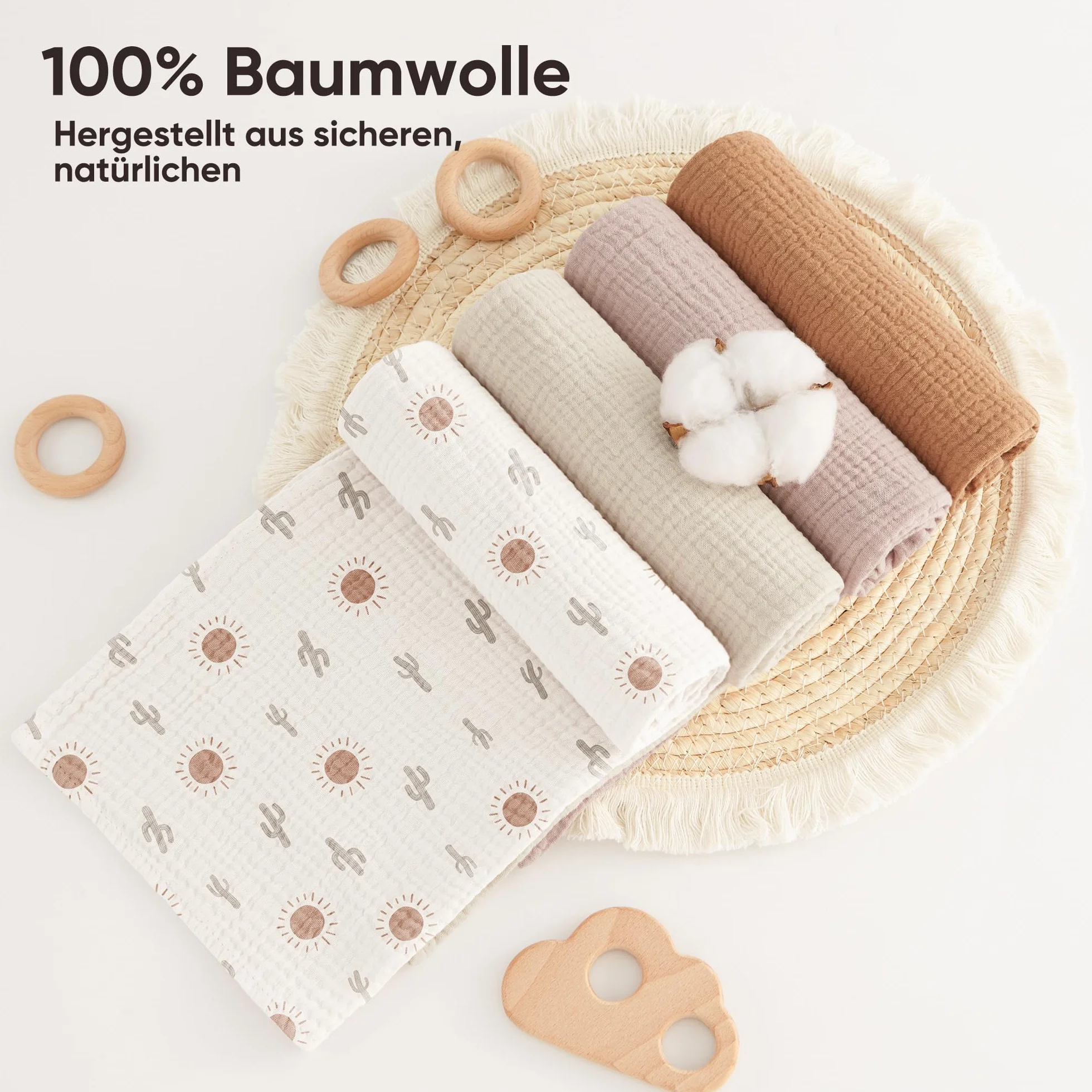 Bearmoss Chusteczki Molton dla niemowląt, 100% bawełna, miękkie ściereczki do ślinu dla niemowląt, oddychające i bardzo chłonne, chłonne ściereczki muślinowe, 4 szt. 60 x 60 cm (brązowy nadruk)