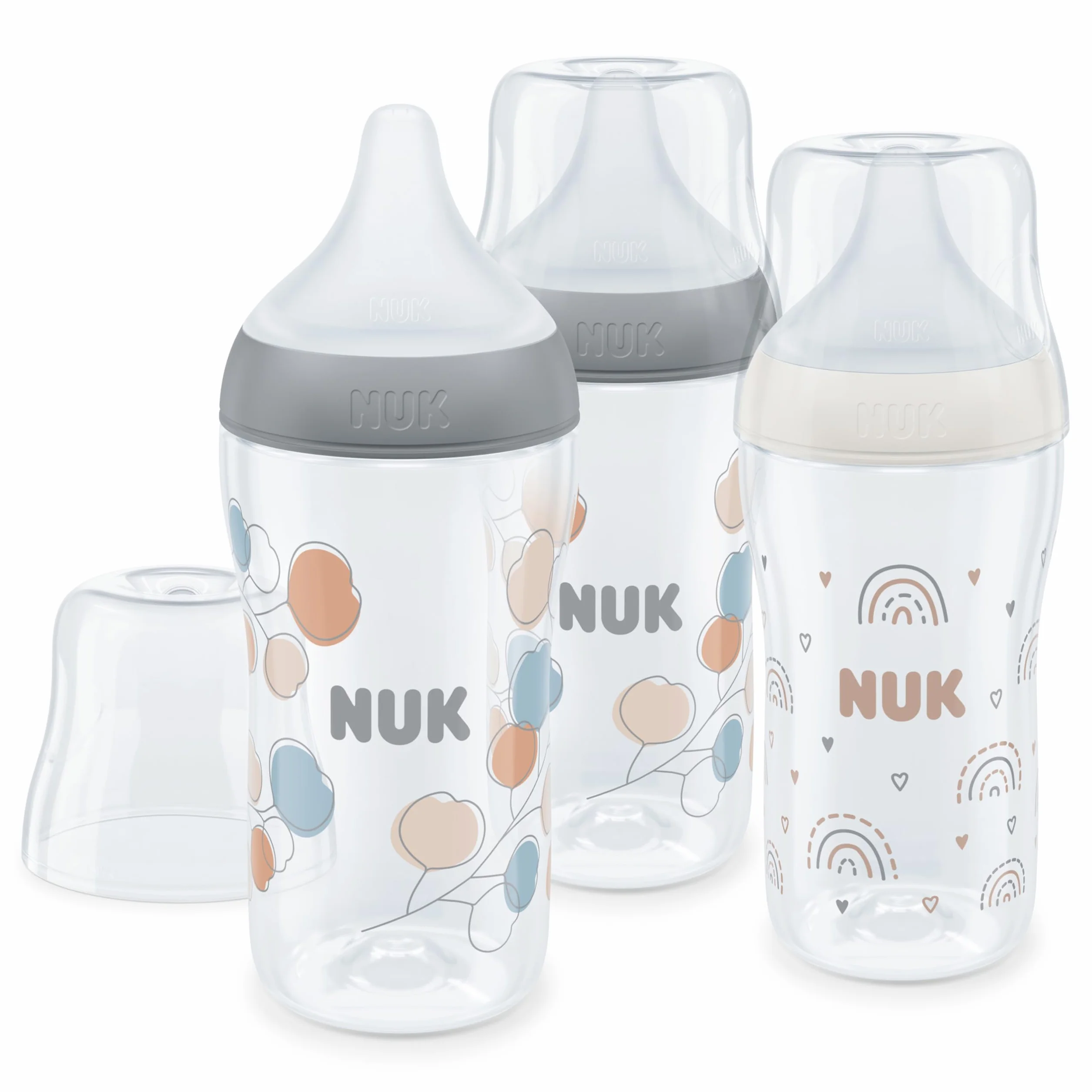 NUK Perfect Match Zestaw butelek dla niemowląt, 3+ miesięcy, pasuje do podniebienia, regulacja temperatury, odpowietrznik antykolkowy, 260 ml, bez BPA, silikonowy smoczek M, tęczowy i gałąź, 3 sztuki