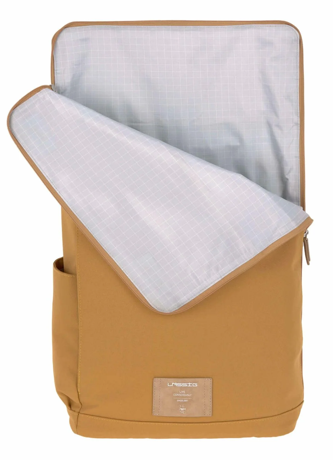 LÄSSIG Torba do przewijania, podkładka do przewijania, mocowanie do wózka dziecięcego, uchwyt na butelki wyprodukowany w sposób zrównoważony/GRE Rolltop Backpack, żółty (Curry)