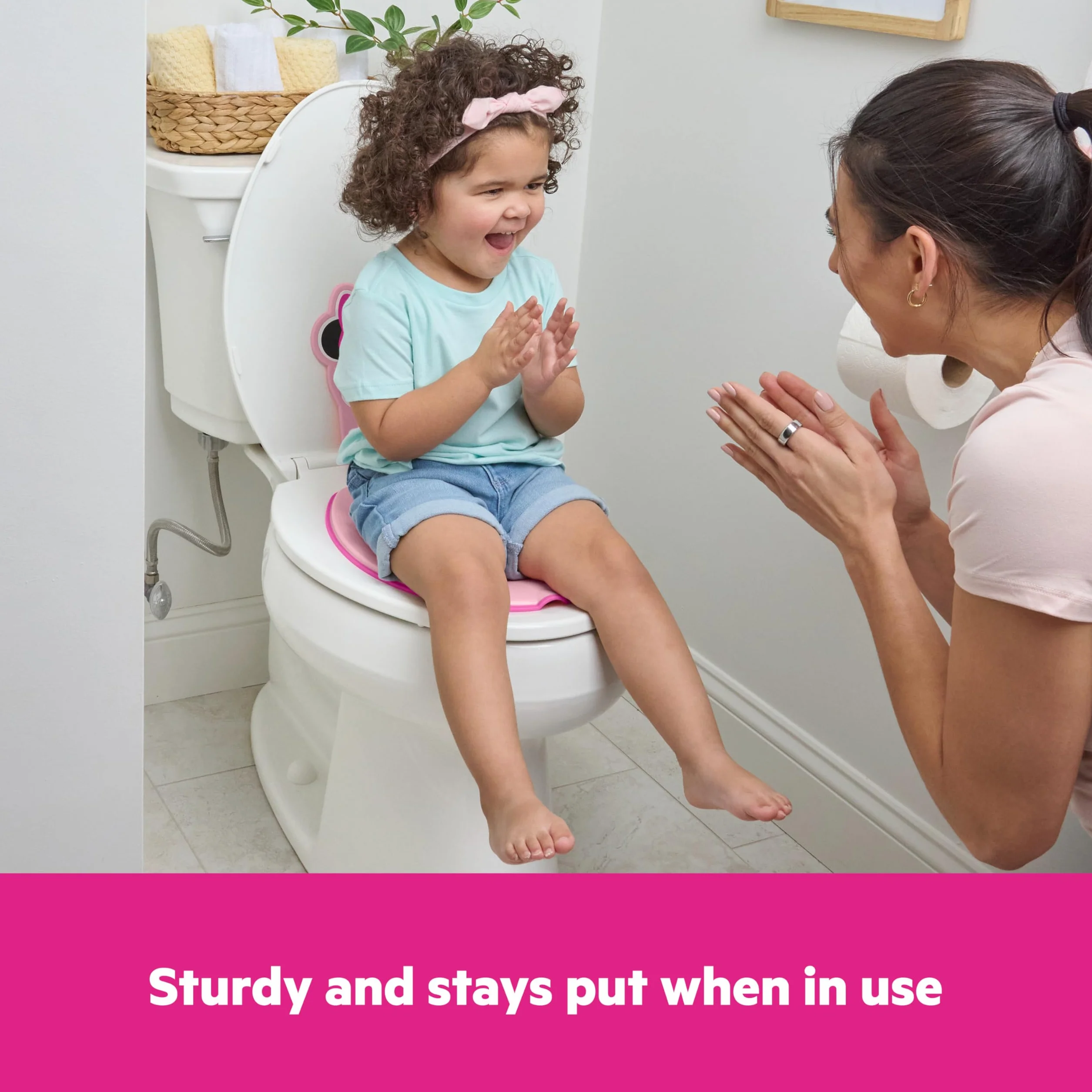 Bright Starts Disney Baby Minnie Mouse Flip & Sit Nocnik, bezpiecznie mocuje się do toalety, oszczędzająca miejsce konstrukcja pasuje do większości toalet