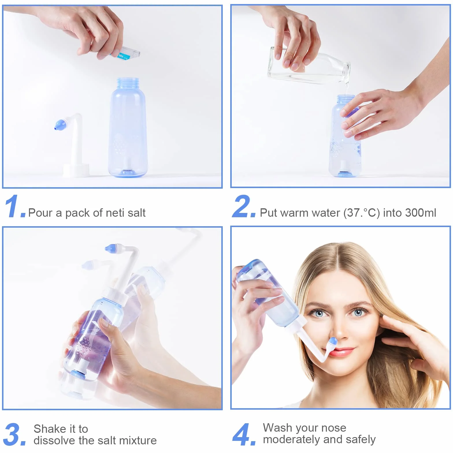 URAQT Neti Pot, zestaw do płukania nosa Płyn do płukania nosa, butelka do płukania zatok 300 ml z 20 saszetkami soli do płukania nosa i 10 naklejkami na termometrze, ciśnieniowa płukanka do płukania nosa dla niemowląt i dzieci Nie zawiera BPA
