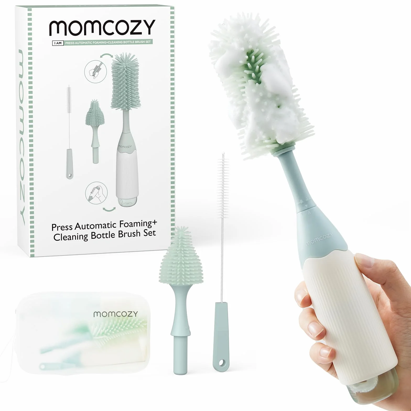 Zestaw Szczoteczek dla Dzieci Momcozy z Technologią Pianki Ciśnieniowej, Silikonowa Szczoteczka do Butelek, Laktatorów i Smoczków, bez BPA, 360° Czyszczenie i Etui Podróżne