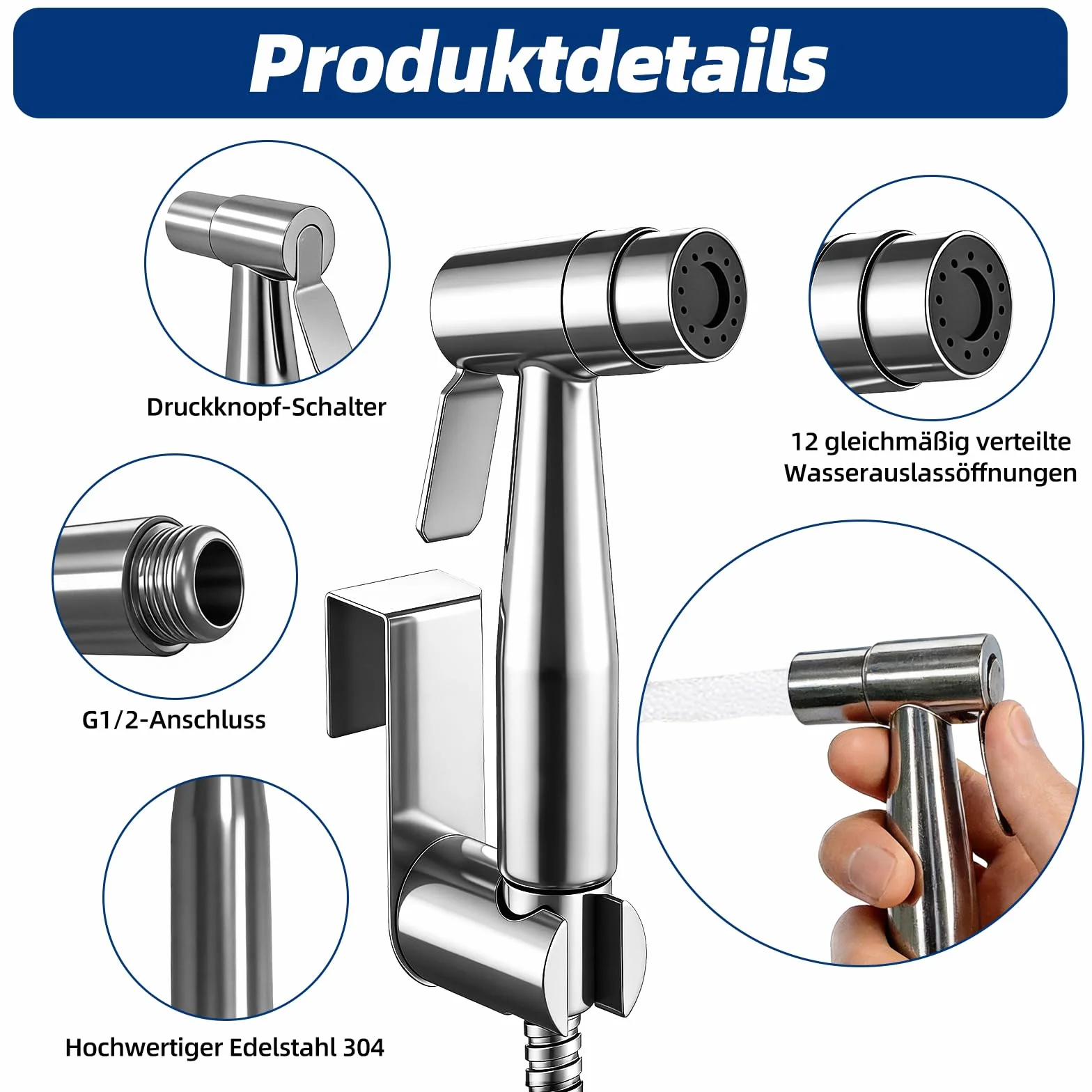 Bidet słuchawka prysznicowa, opryskiwacz bidetowy, stal nierdzewna, z zaworem T G1/2" i adapterem do toalety G3/8", wąż 150 cm, toaleta z hakiem lub uchwytem ściennym, słuchawka prysznicowa, pielucha