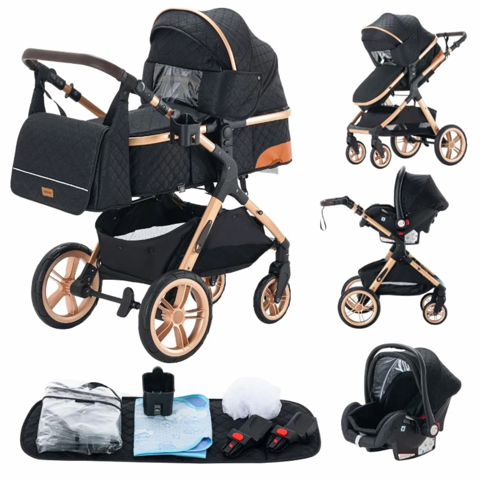 Wózek dziecięcy 3 w 1, wózek dziecięcy 3 w 1, wózek spacerowy, system podróżny, składane, gumowe opony, z akcesoriami, gondola, adapteurs, 25 kg (XX1 czarny)