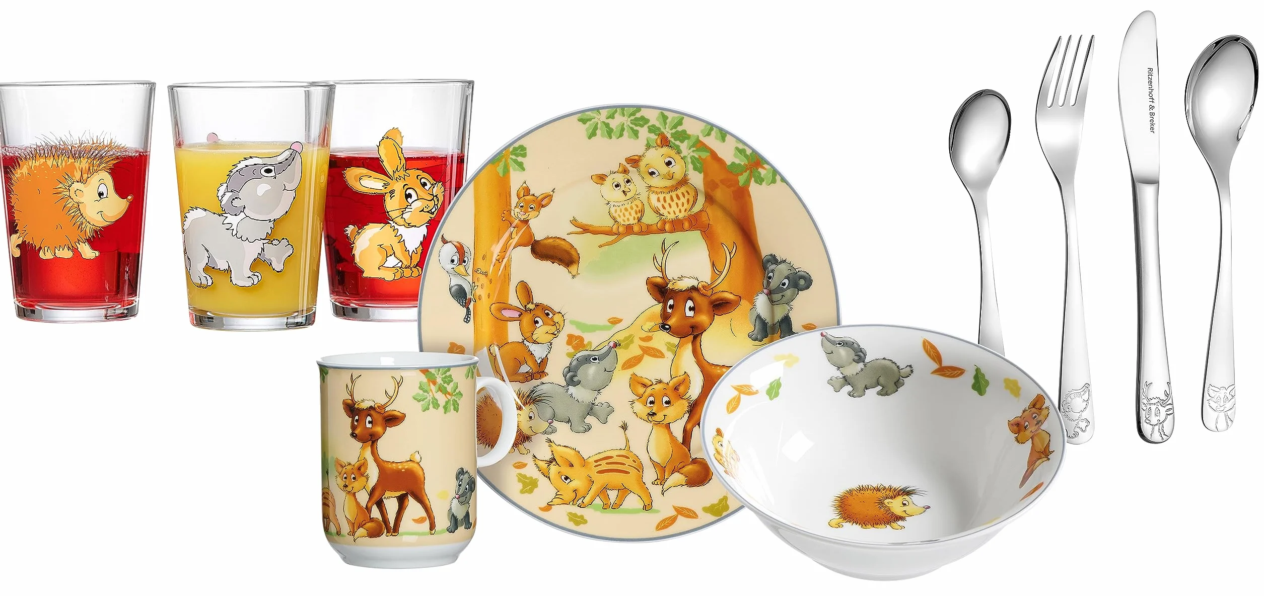 Ritzenhoff & Breker Zestaw naczyń dla dzieci, zwierzęta leśne ze sztućcami i szklankami, 10-częściowy, porcelana