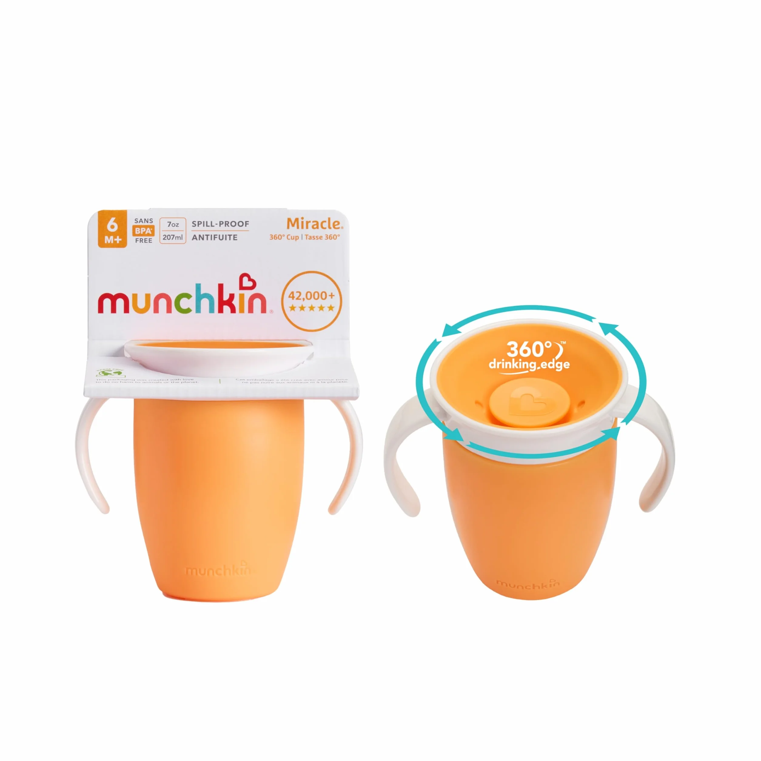 Munchkin Miracle 360 miesięcy kubek do nauki dla dzieci o pojemności 207 ml (2 partia), kubek do nauki dla małych dzieci, kubek treningowy, bez BPA, pomarańczowy/pomarańczowy